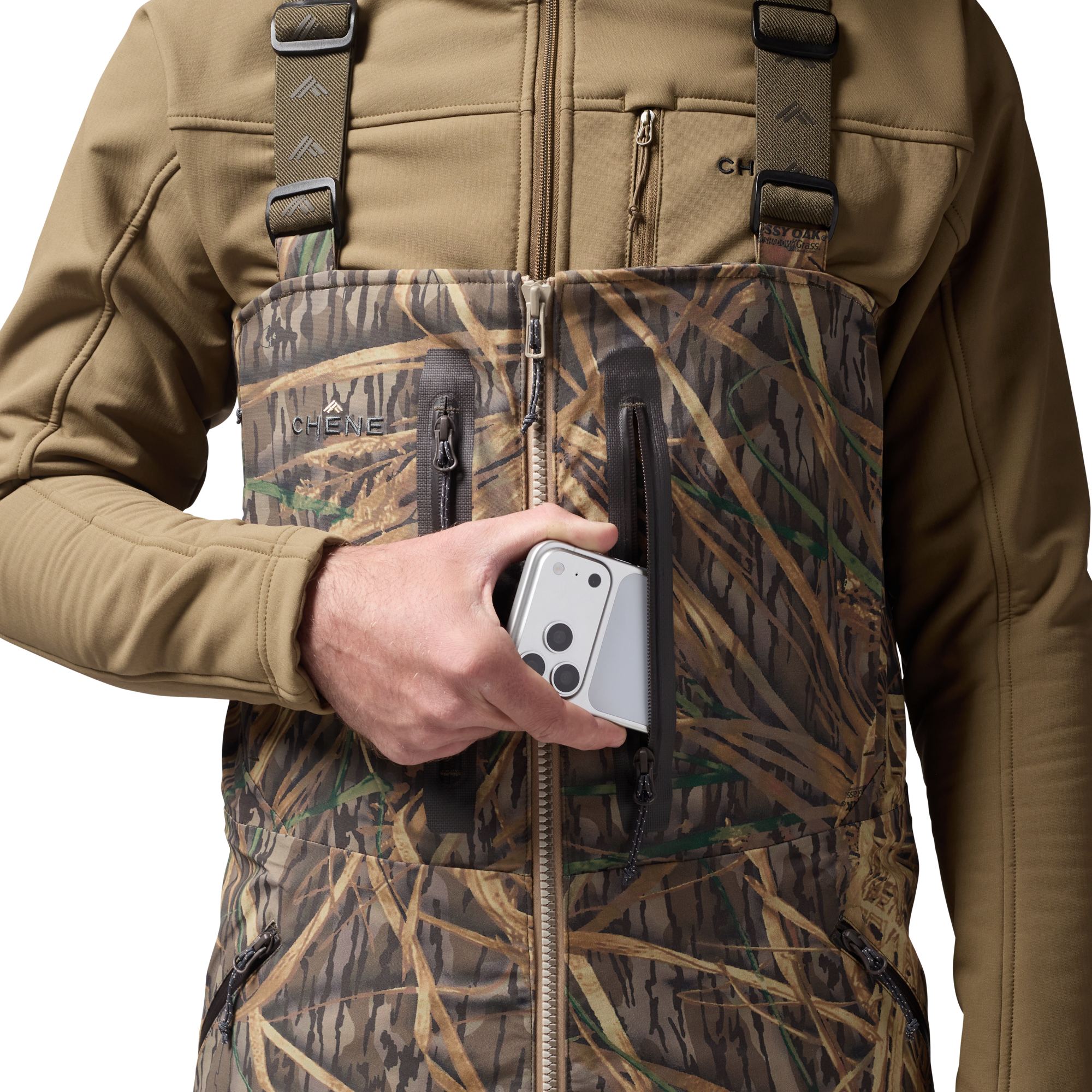 Hydro-Lok Field Bib in Mossy Oak Original Shadow Grass, on model #mossy_oak_original_shadow_grass