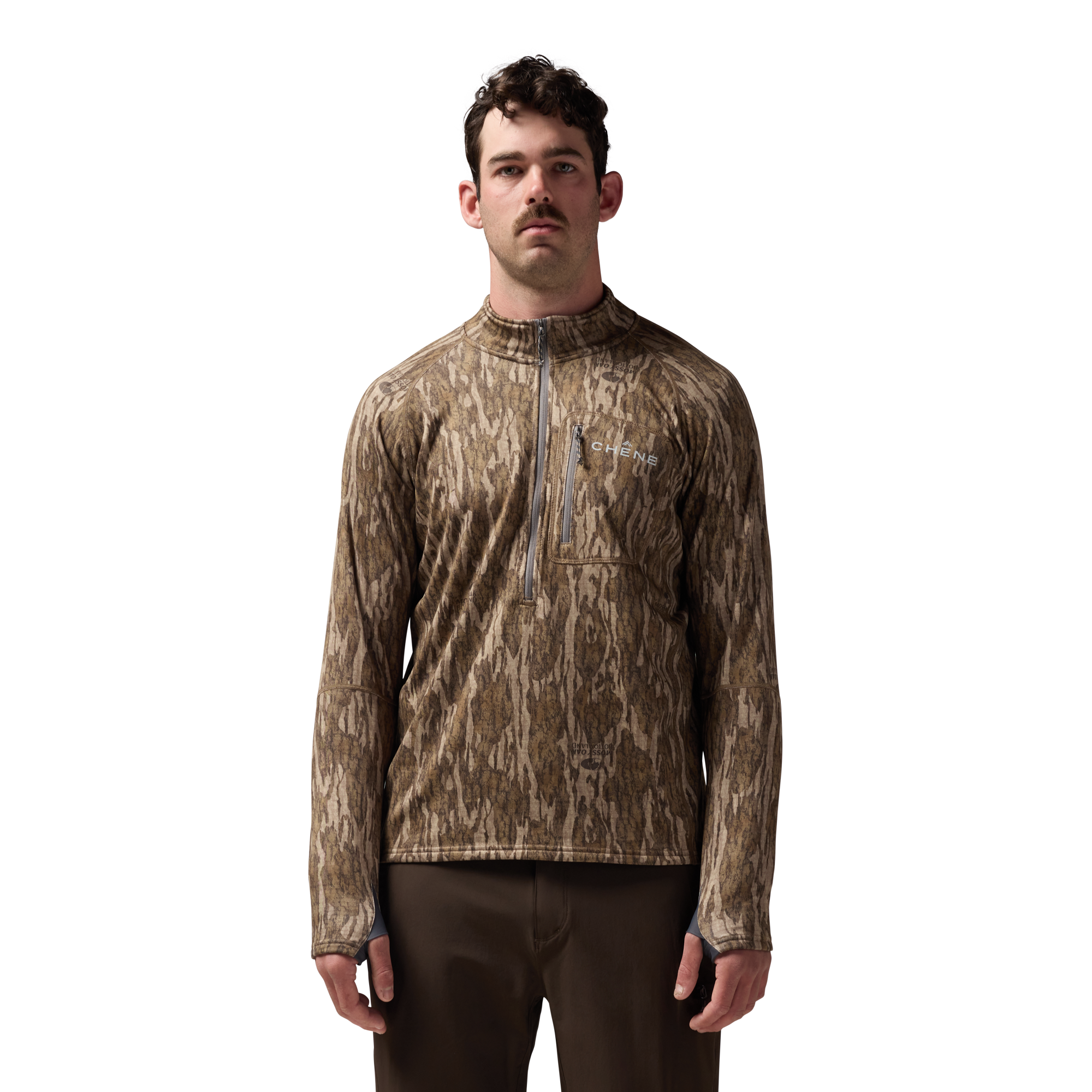 Sixty Series Technical Fleece Half Zip in Mossy Oak Bottomland, on model #mossy_oak_bottomland