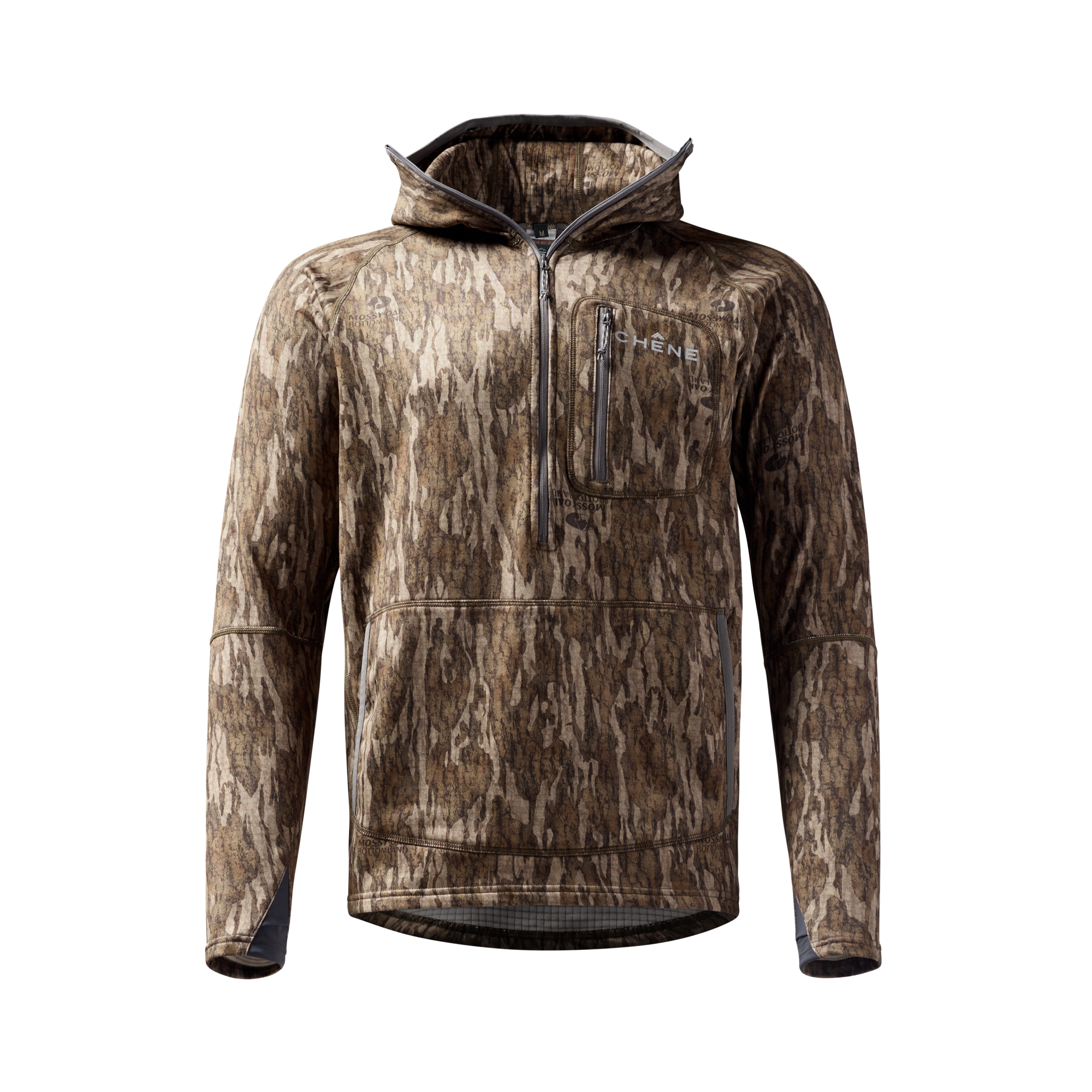 Sixty Series Technical Fleece Half Zip with Hood in Mossy Oak Bottomland, front view #mossy_oak_bottomland