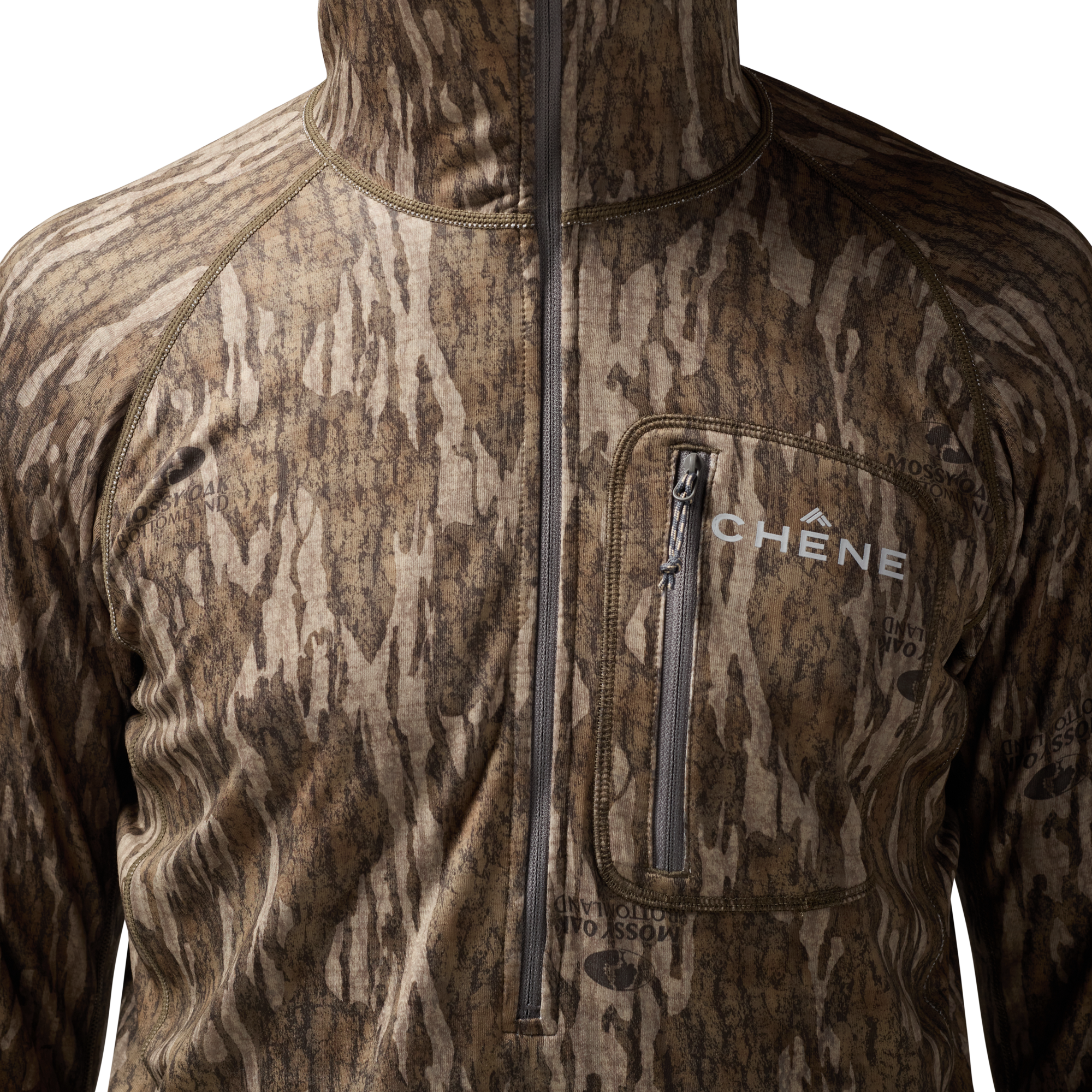 Sixty Series Technical Fleece Half Zip with Hood in Mossy Oak Bottomland, on model #mossy_oak_bottomland