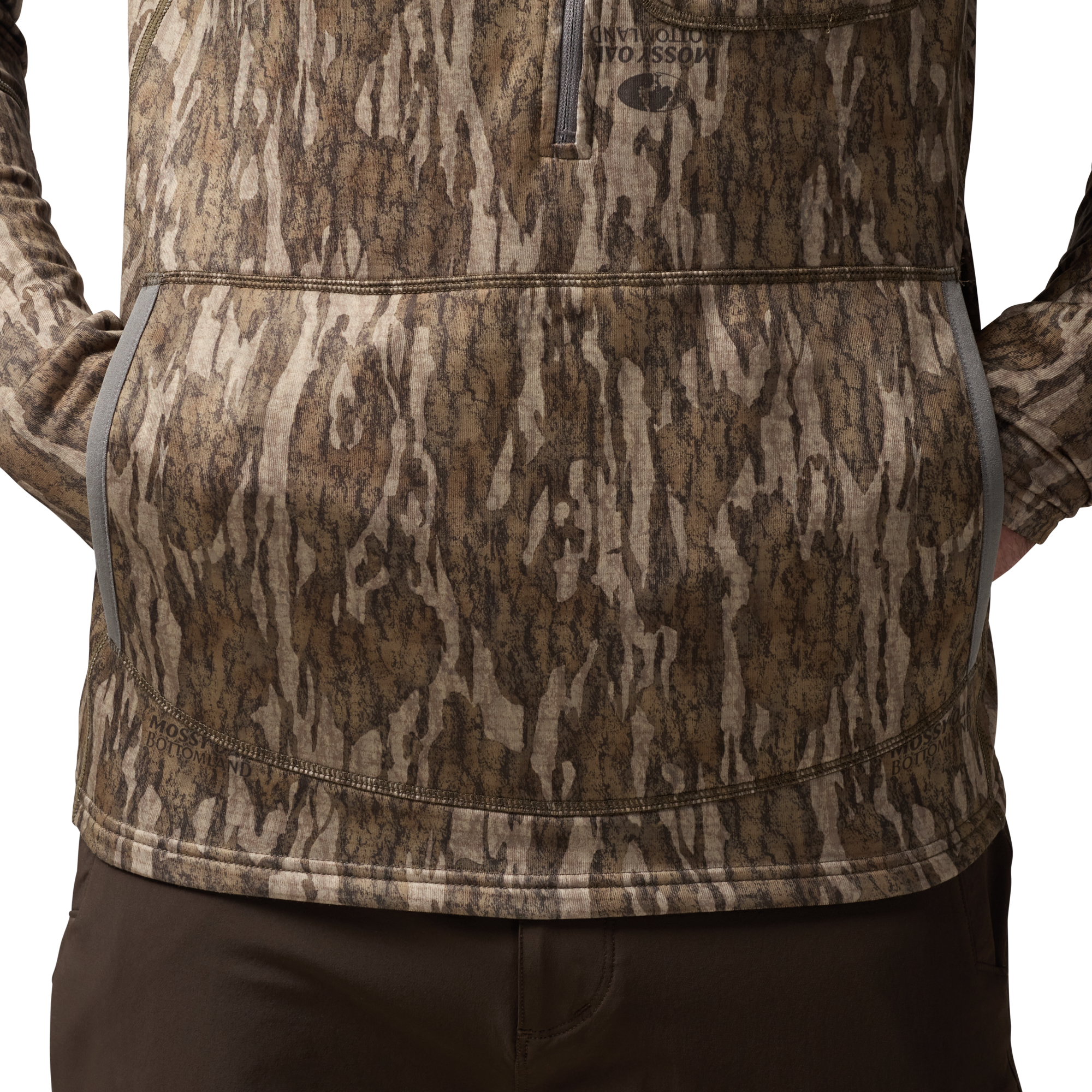 Sixty Series Technical Fleece Half Zip with Hood in Mossy Oak Bottomland, on model #mossy_oak_bottomland