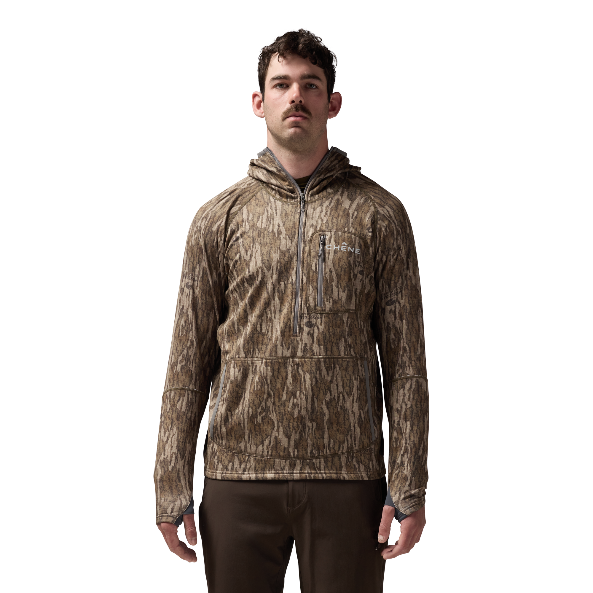 Sixty Series Technical Fleece Half Zip with Hood in Mossy Oak Bottomland, on model #mossy_oak_bottomland
