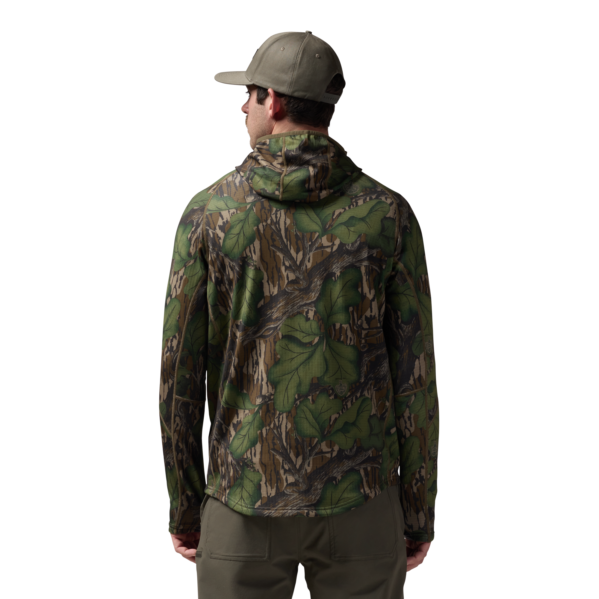 Sixty Series Technical Fleece Half Zip with Hood in Mossy Oak Full Foliage, on model #mossy_oak_full_foliage