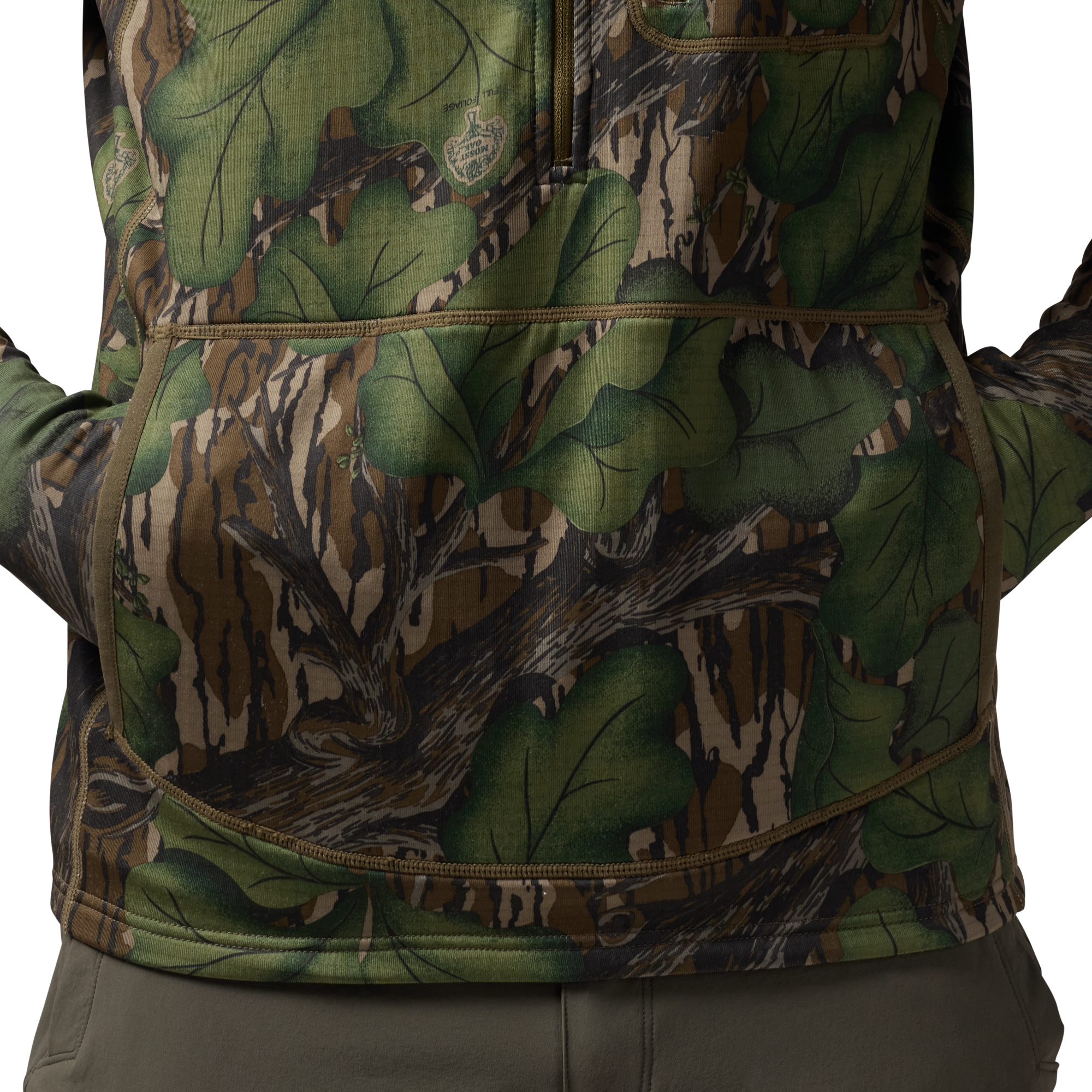Sixty Series Technical Fleece Half Zip with Hood in Mossy Oak Full Foliage, on model #mossy_oak_full_foliage