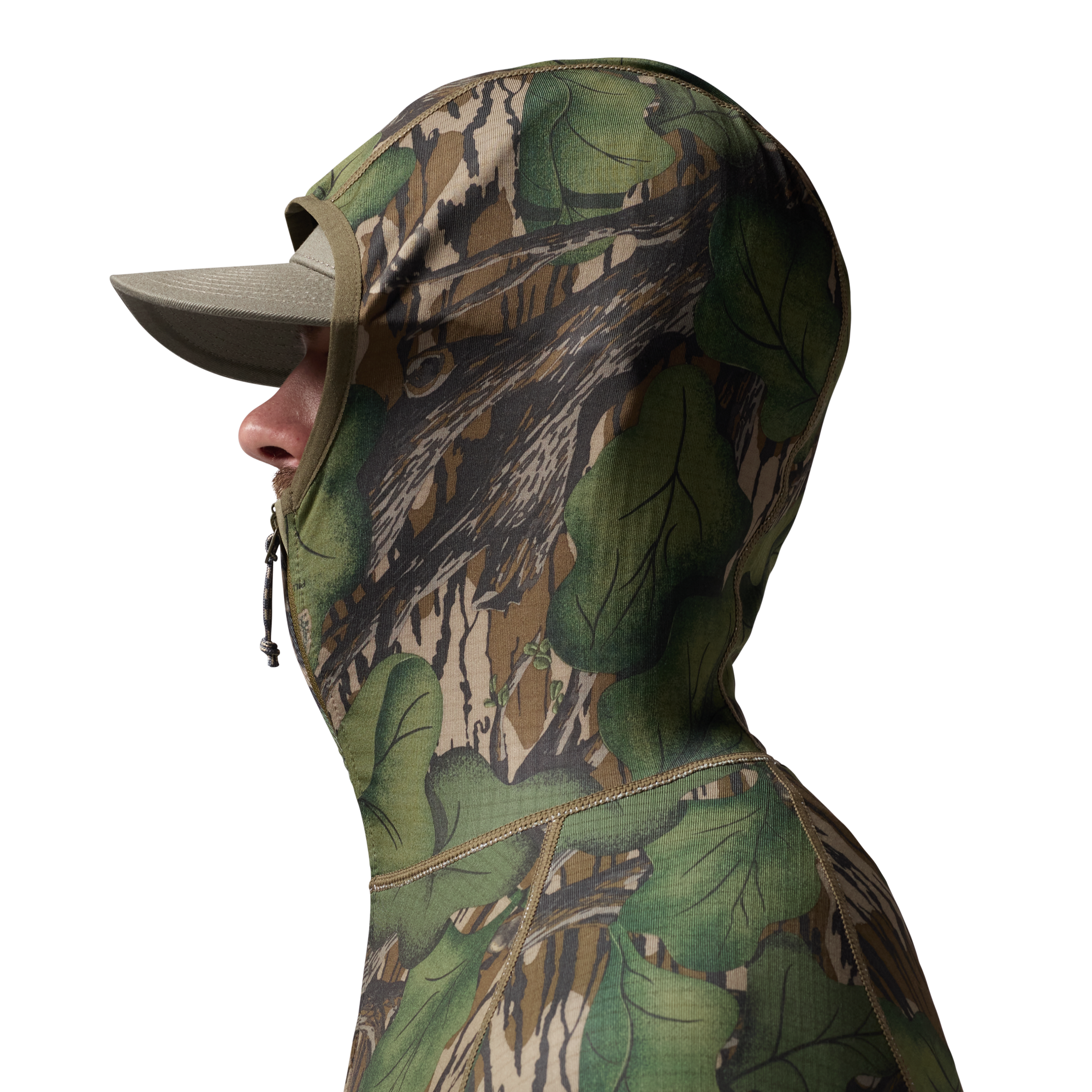 Sixty Series Technical Fleece Half Zip with Hood in Mossy Oak Full Foliage, on model #mossy_oak_full_foliage