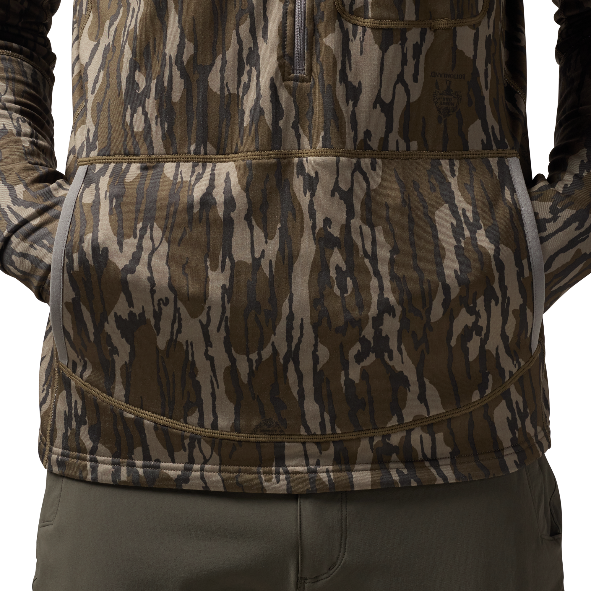 Sixty Series Technical Fleece Half Zip with Hood in Mossy Oak Original Bottomland, on model #mossy_oak_original_bottomland