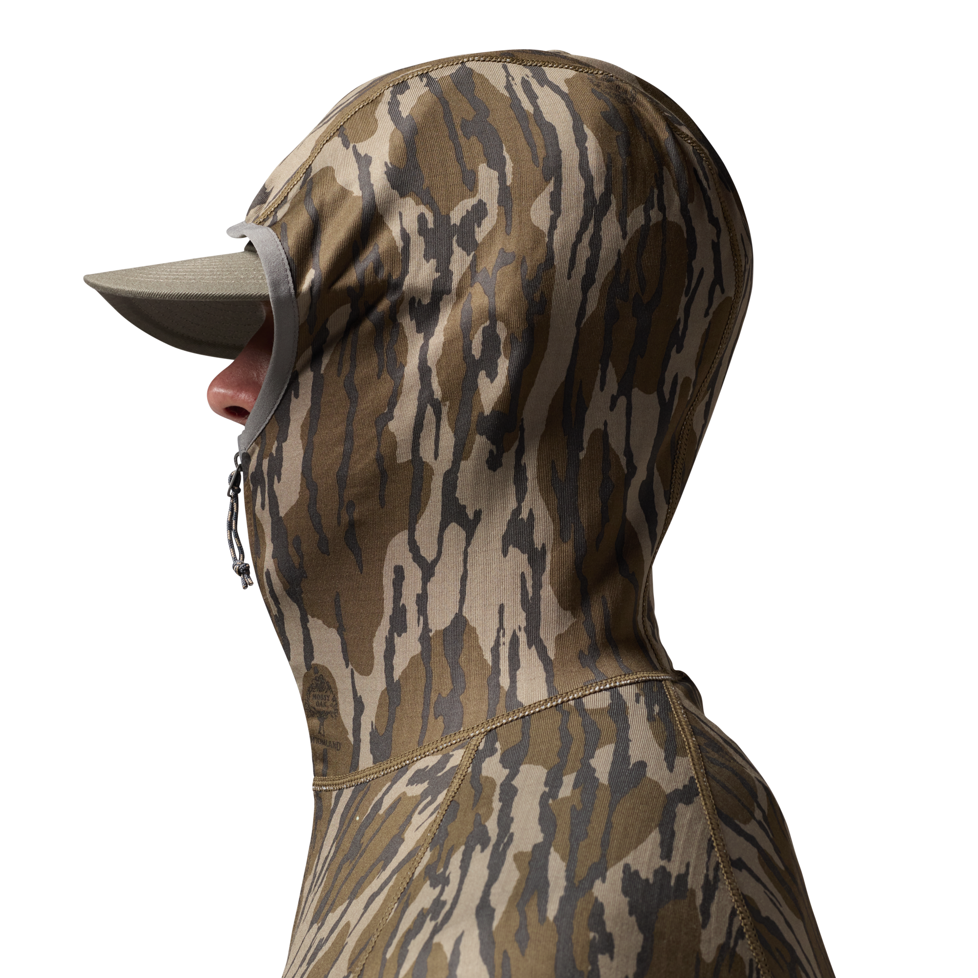 Sixty Series Technical Fleece Half Zip with Hood in Mossy Oak Original Bottomland, on model #mossy_oak_original_bottomland