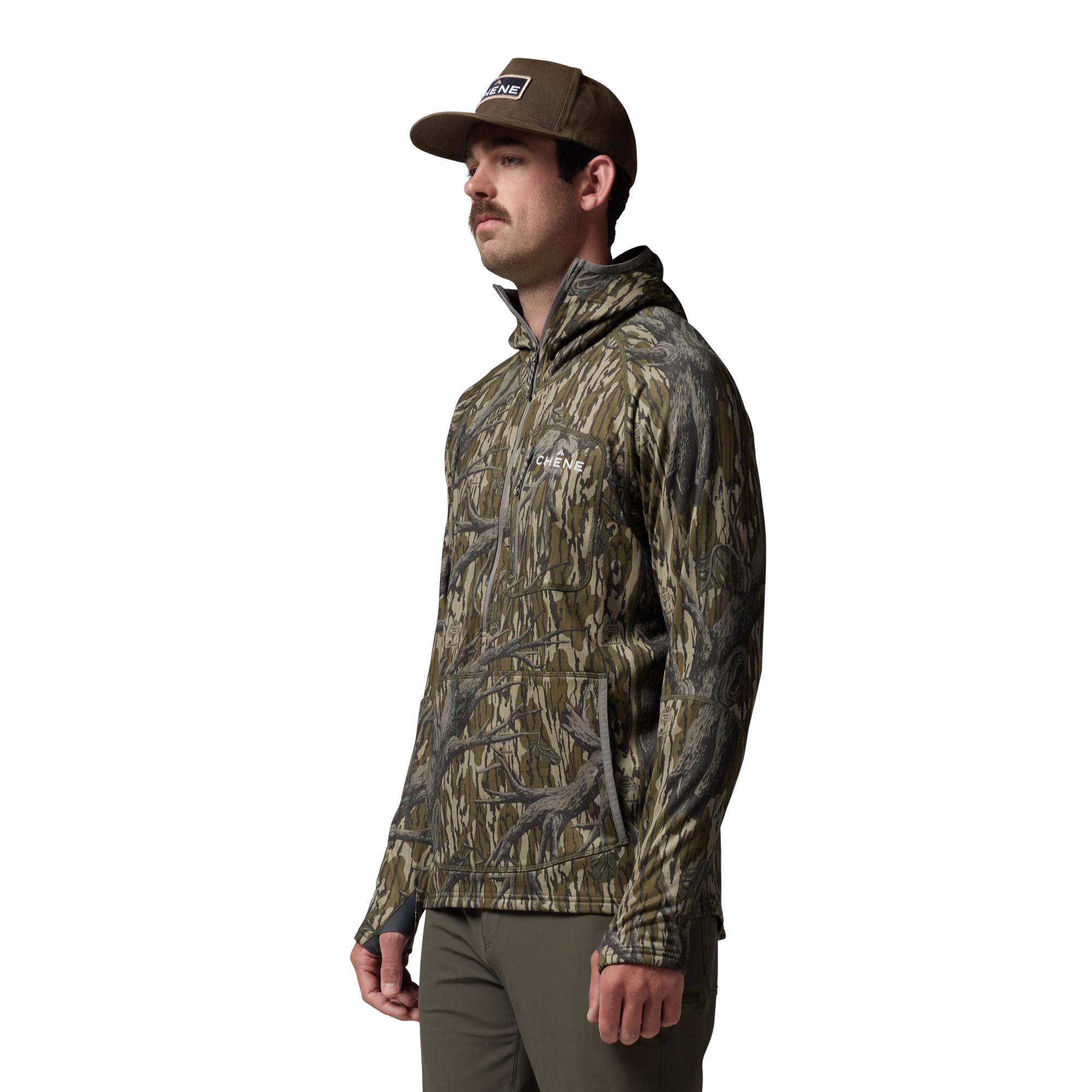 Sixty Series Technical Fleece Half Zip with Hood in Mossy Oak Original Treestand, on model #mossy_oak_original_treestand