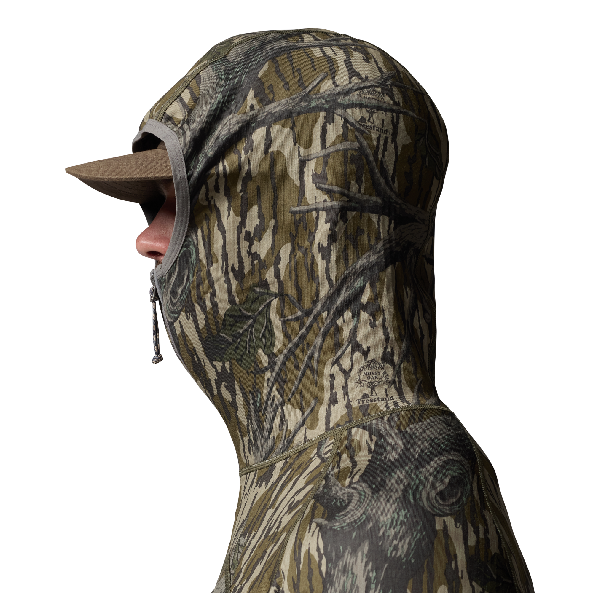 Sixty Series Technical Fleece Half Zip with Hood in Mossy Oak Original Treestand, on model #mossy_oak_original_treestand