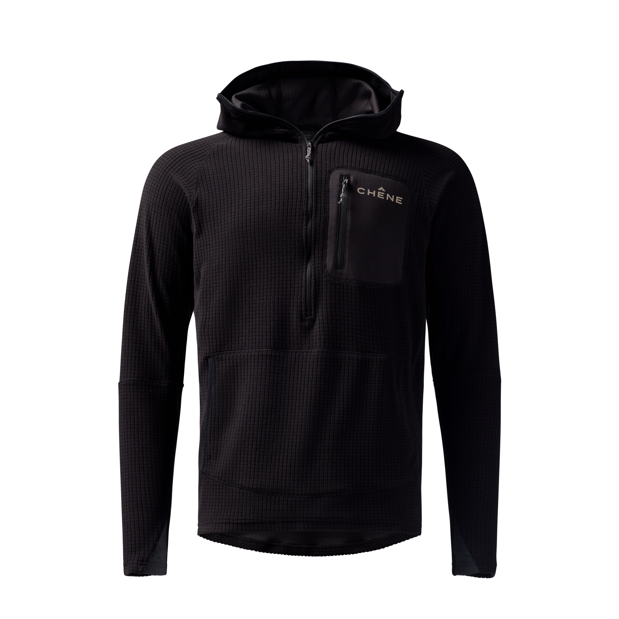 Sixty Series Check Fleece Half Zip with Hood in Black, front view #black