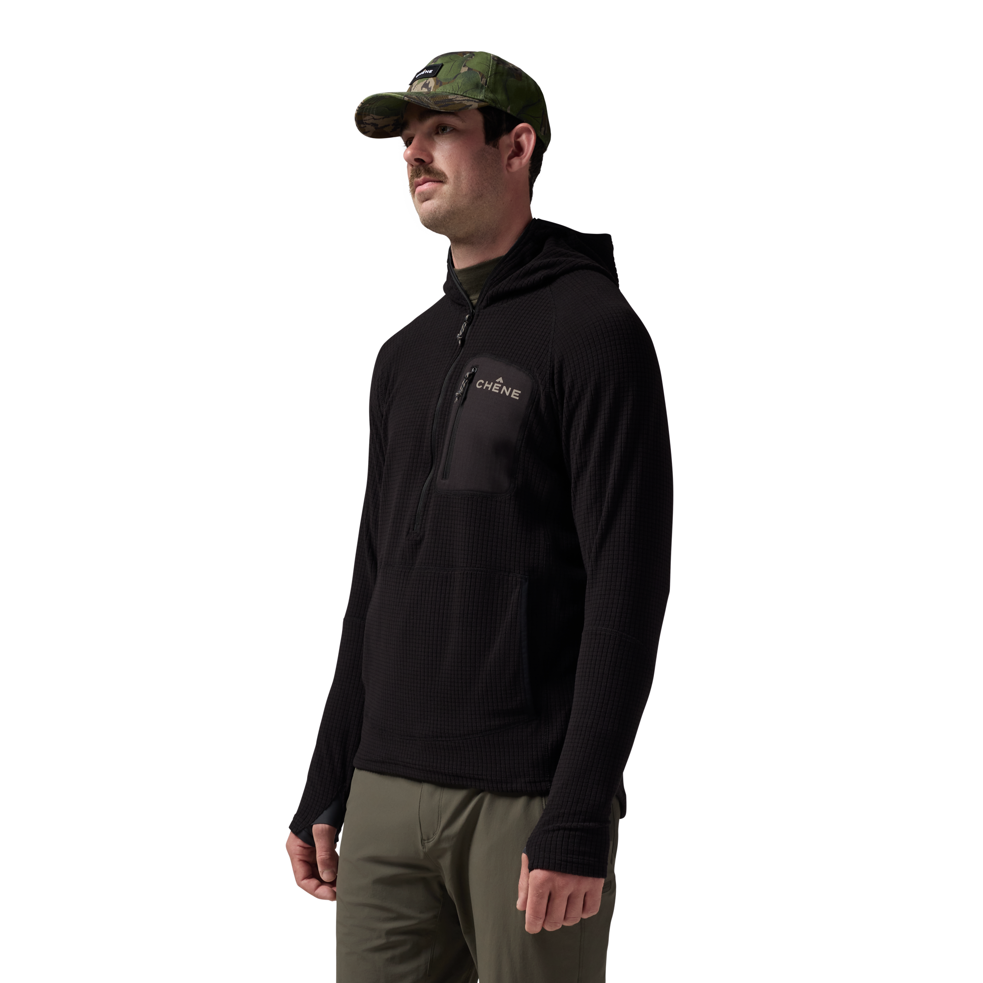 Sixty Series Check Fleece Half Zip with Hood in Black, on model #black