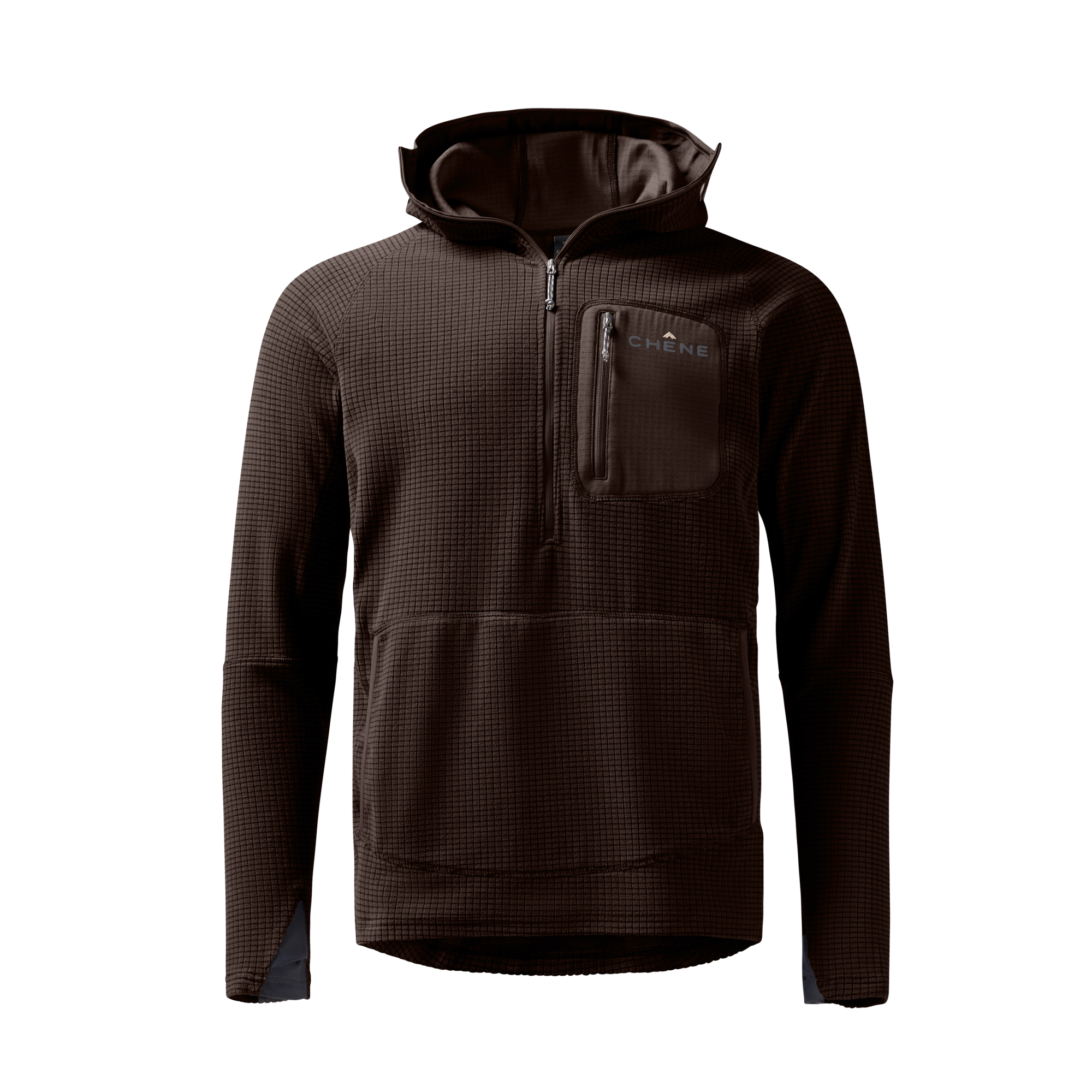 Sixty Series Check Fleece Half Zip with Hood in Brown, front view #brown