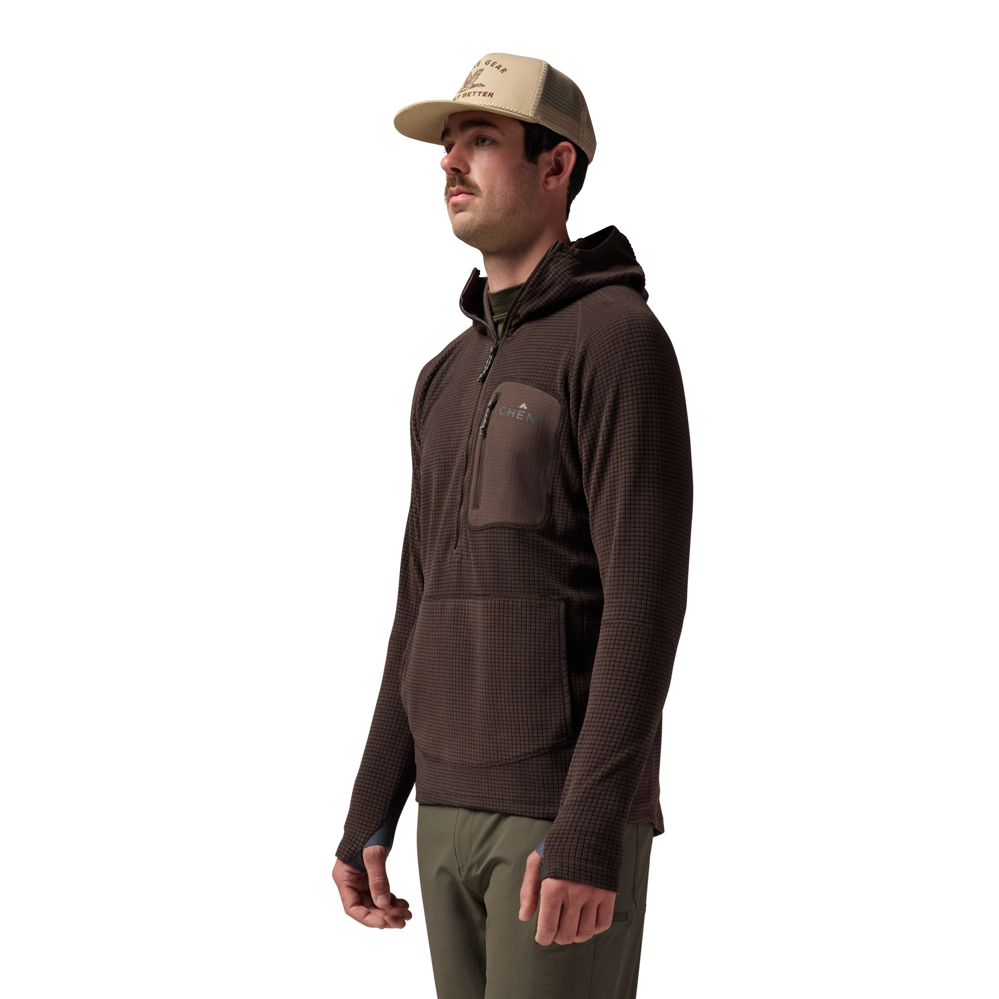 Sixty Series Check Fleece Half Zip with Hood in Brown, on model #brown