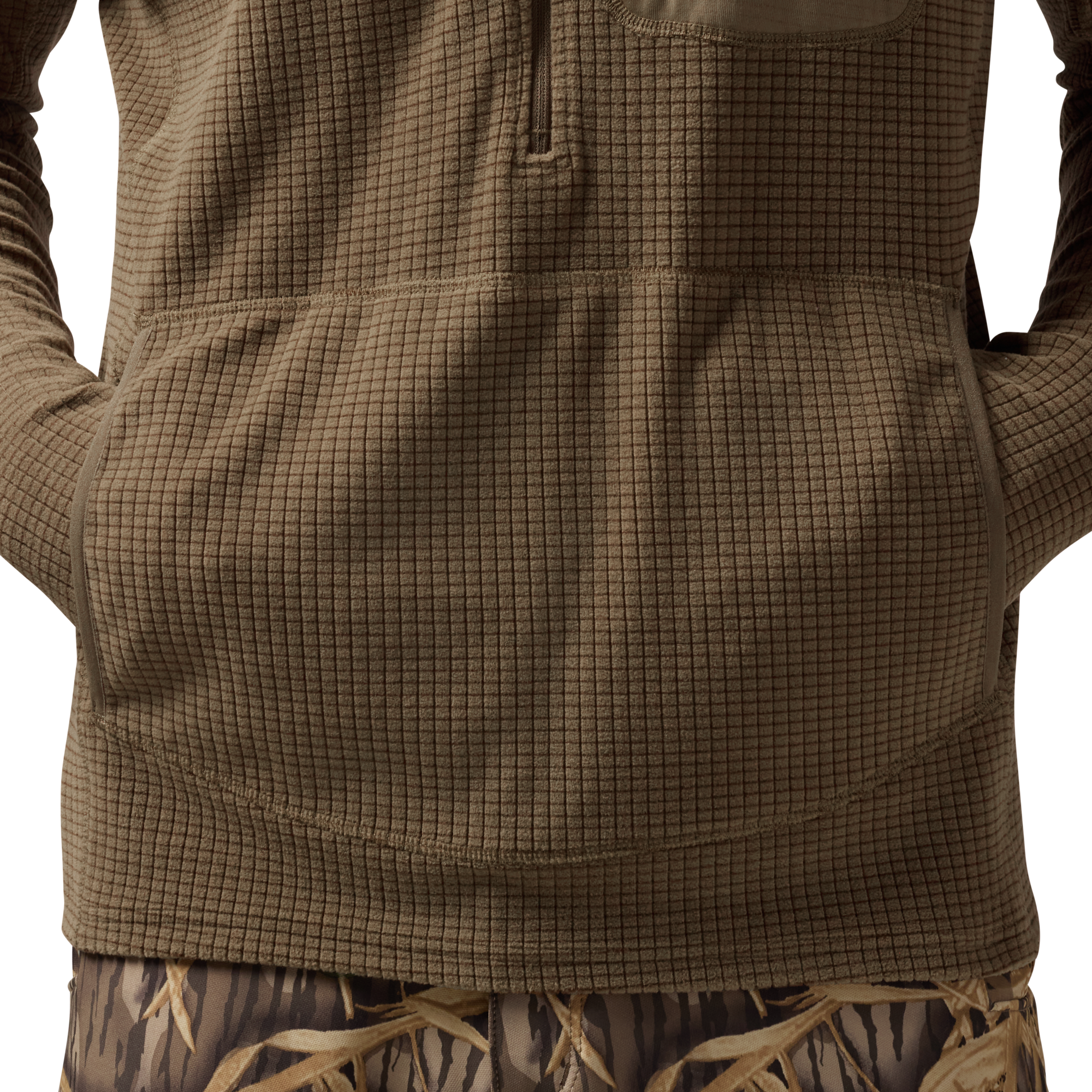 Sixty Series Check Fleece Half Zip with Hood in Field Khaki, on model #field_khaki