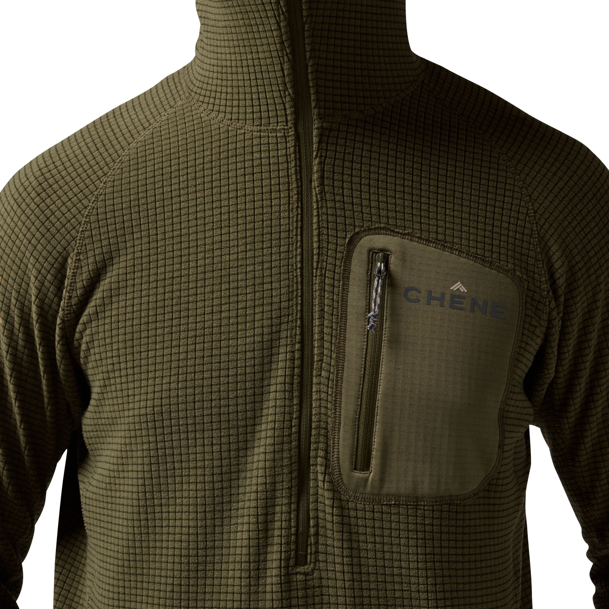 Sixty Series Check Fleece Half Zip with Hood in Olive, on model #olive