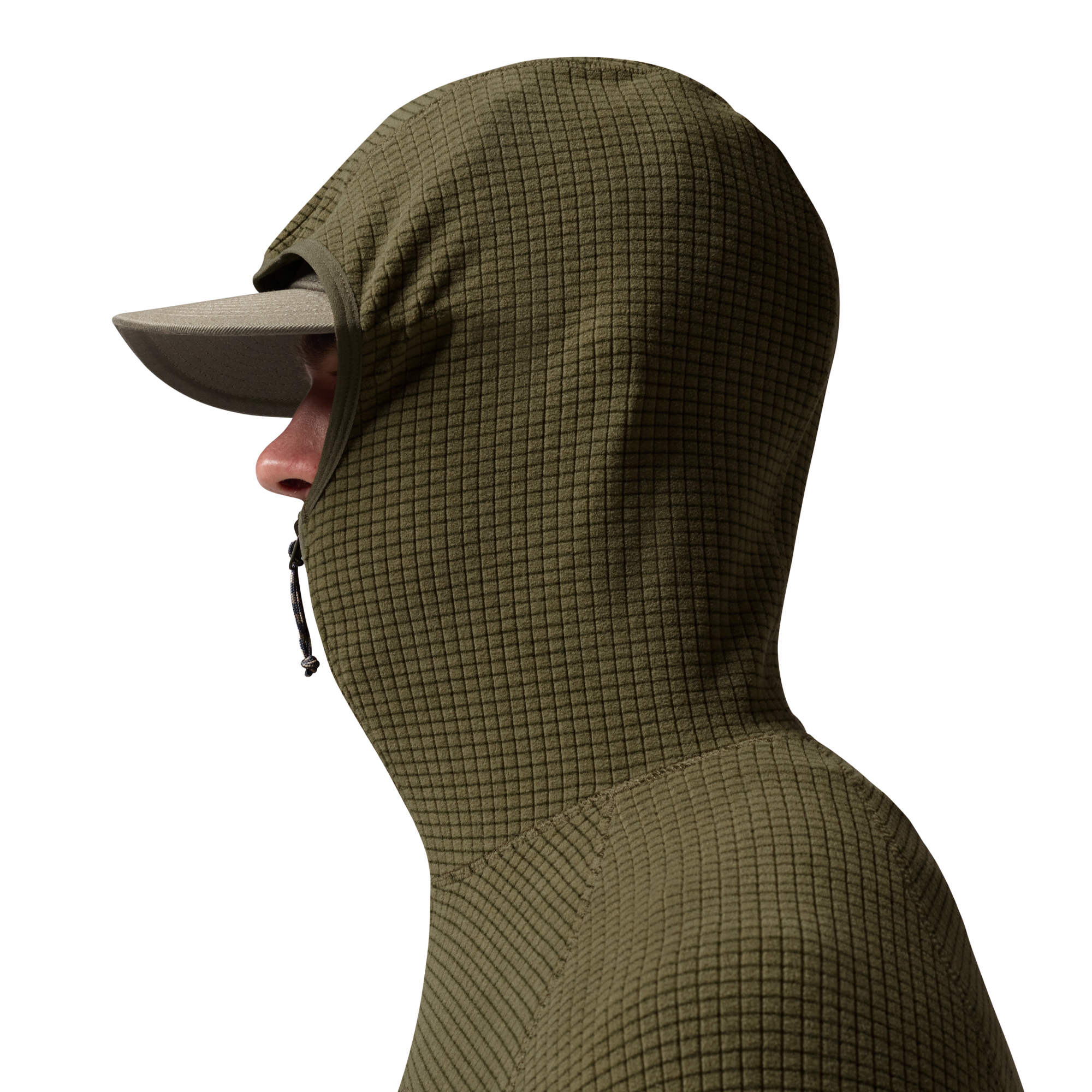 Sixty Series Check Fleece Half Zip with Hood in Olive, on model #olive
