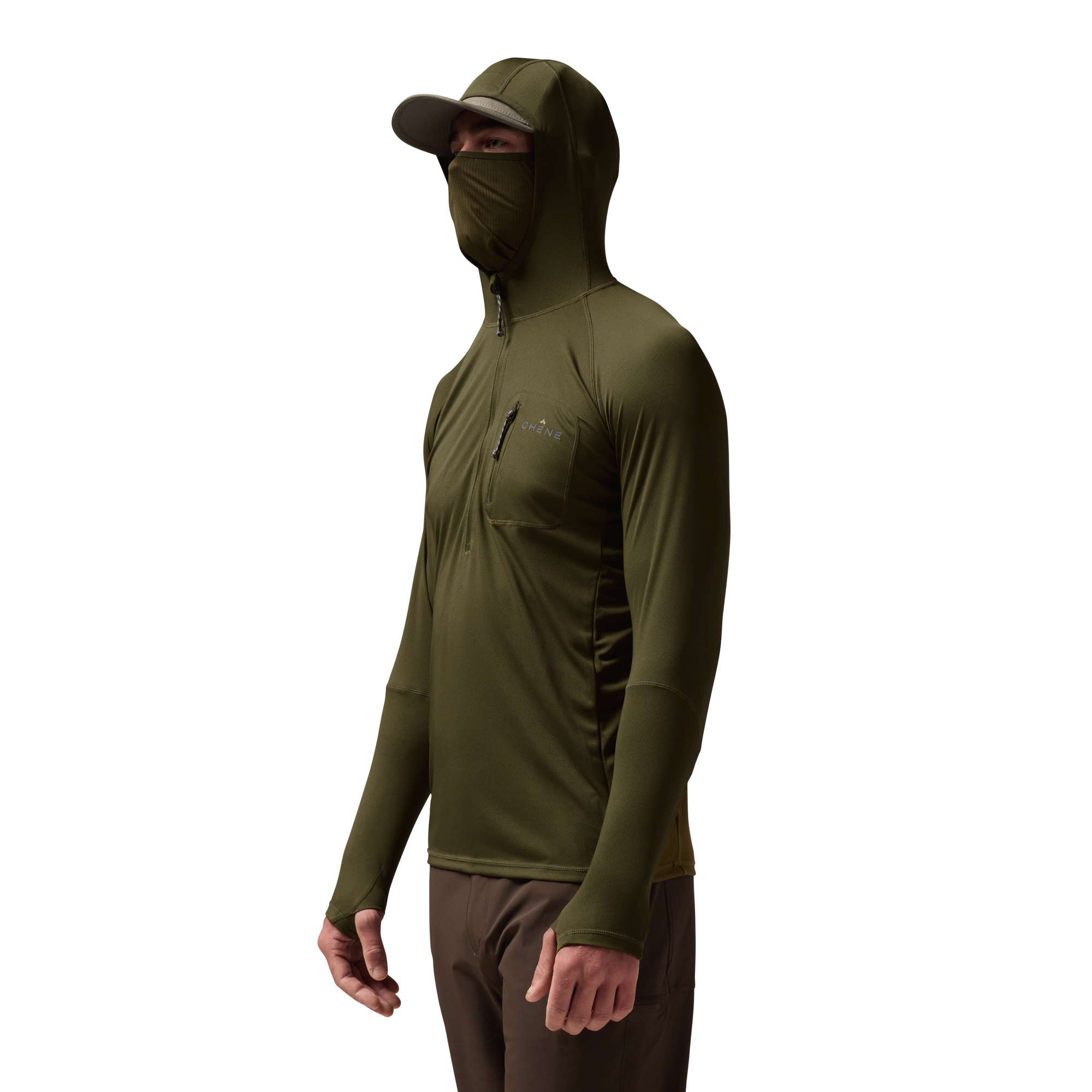 Vale 105 Synthetic Hoodie in Dark Olive, on model #dark_olive