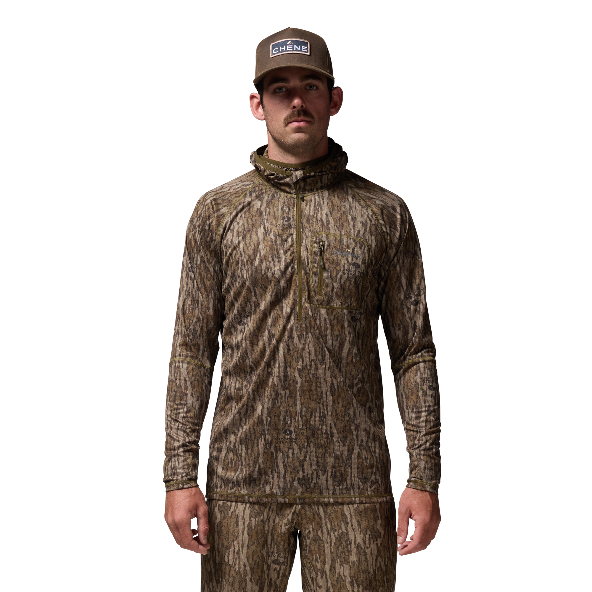 Vale 105 Synthetic Hoodie in Mossy Oak Bottomland, on model #mossy_oak_bottomland