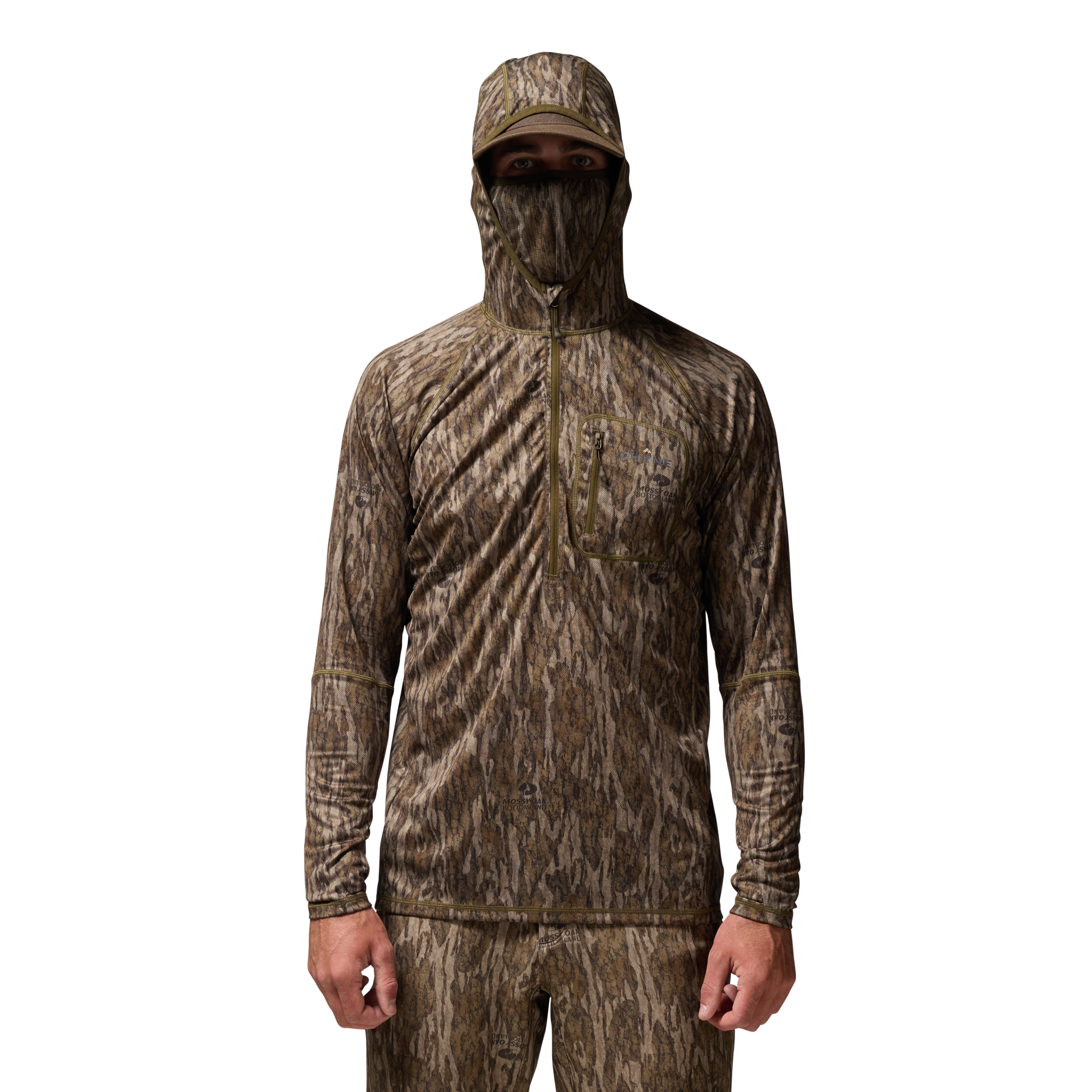 Vale 105 Synthetic Hoodie in Mossy Oak Bottomland, on model #mossy_oak_bottomland