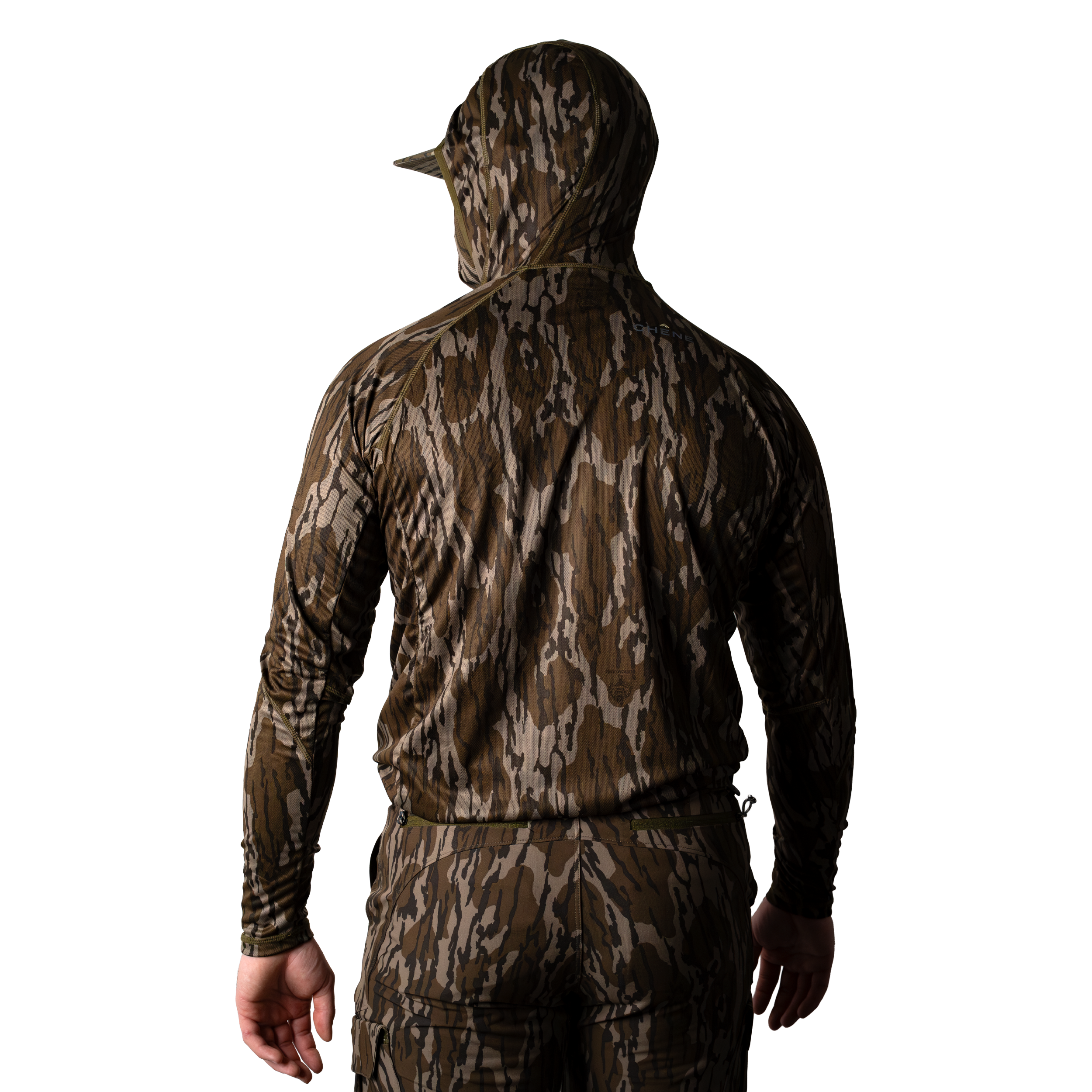Model wearing a camouflage hoodie with built in face mask and brimmed cap, brown and tan camo pattern, back body view on light background. #mossy_oak_original_bottomland