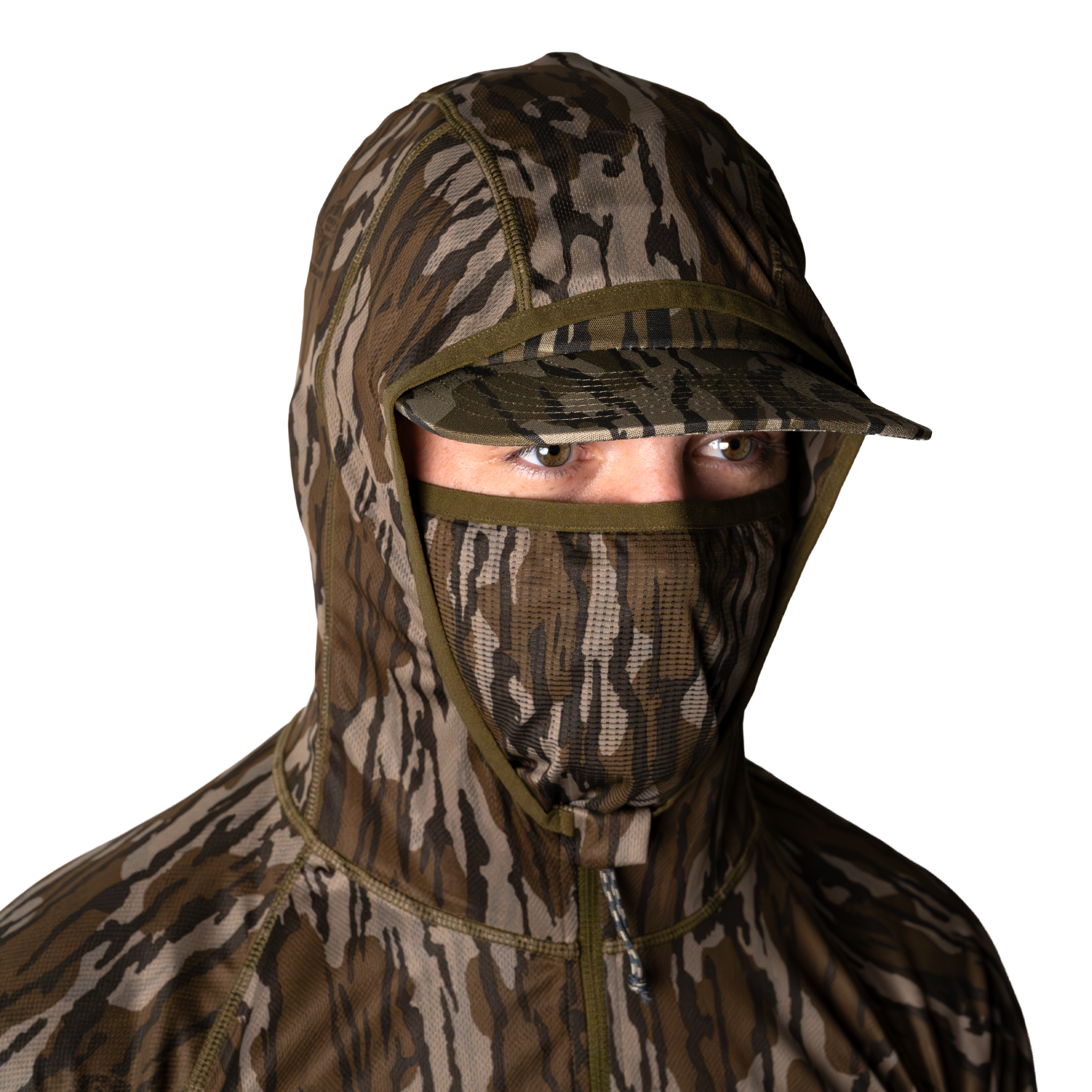 Model wearing a camouflage hoodie with built in face mask and brimmed cap, brown and tan camo pattern, front view on light background. #mossy_oak_original_bottomland