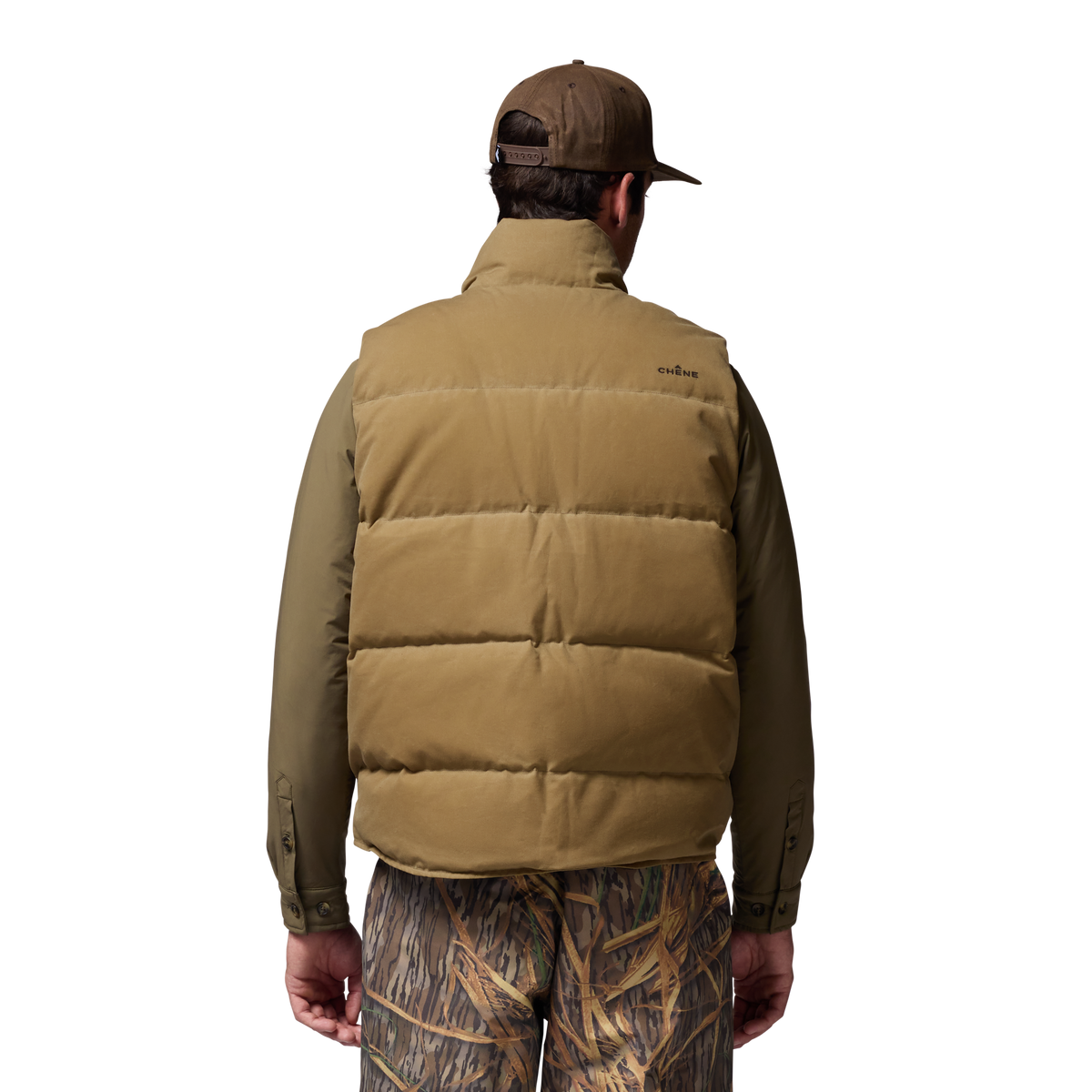 Founders' Reserve Waxed Down Vest in Field Khaki, on model #field_khaki
