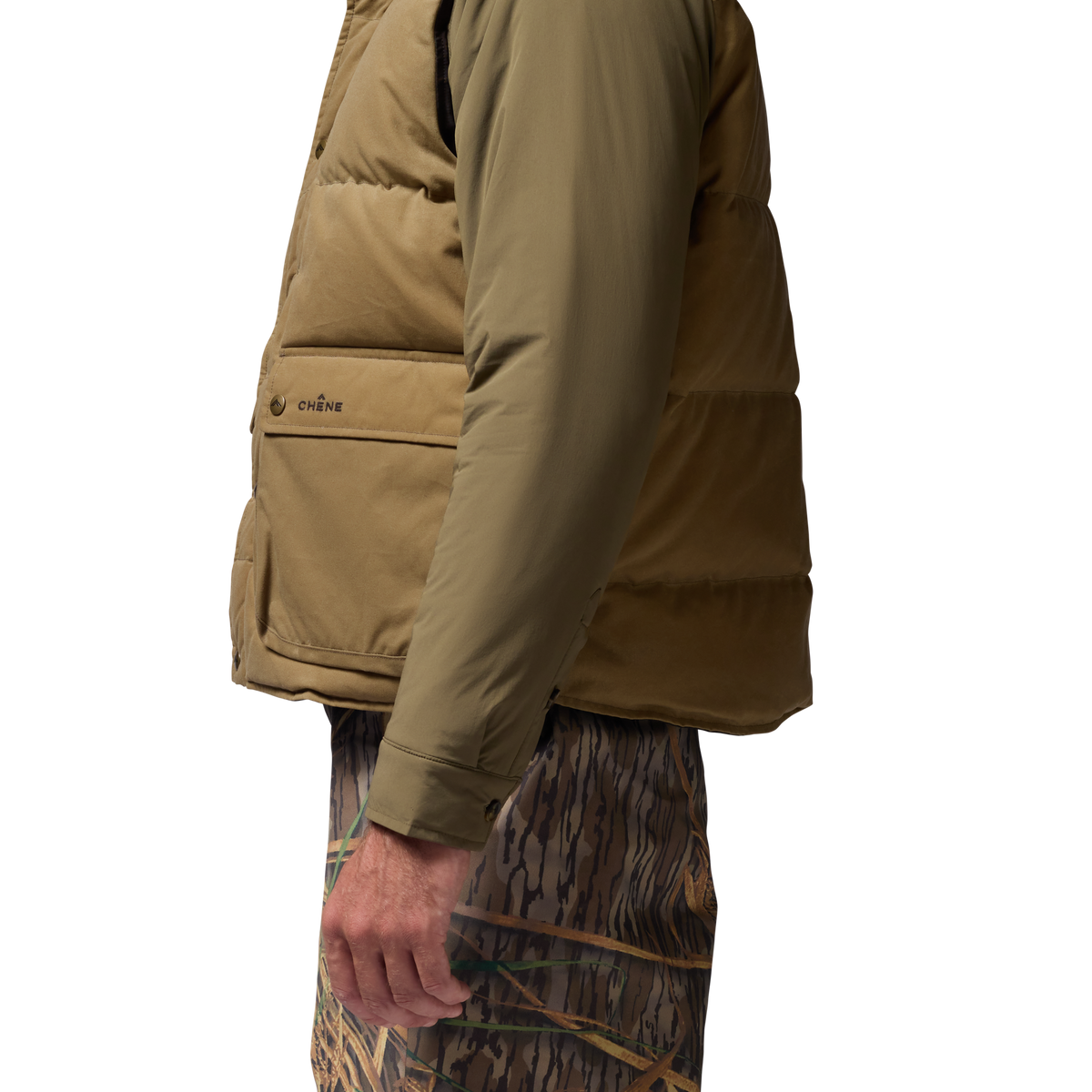 Founders' Reserve Waxed Down Vest in Field Khaki, on model #field_khaki