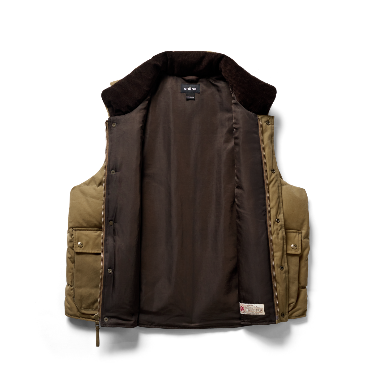 Founders' Reserve Waxed Down Vest in Field Khaki, flat lay #field_khaki