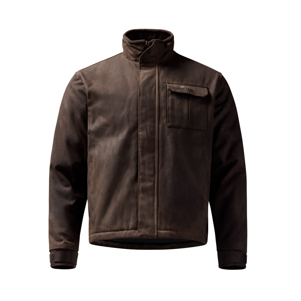 Waxed Canvas Goose Down Jacket in Brown, front view #brown