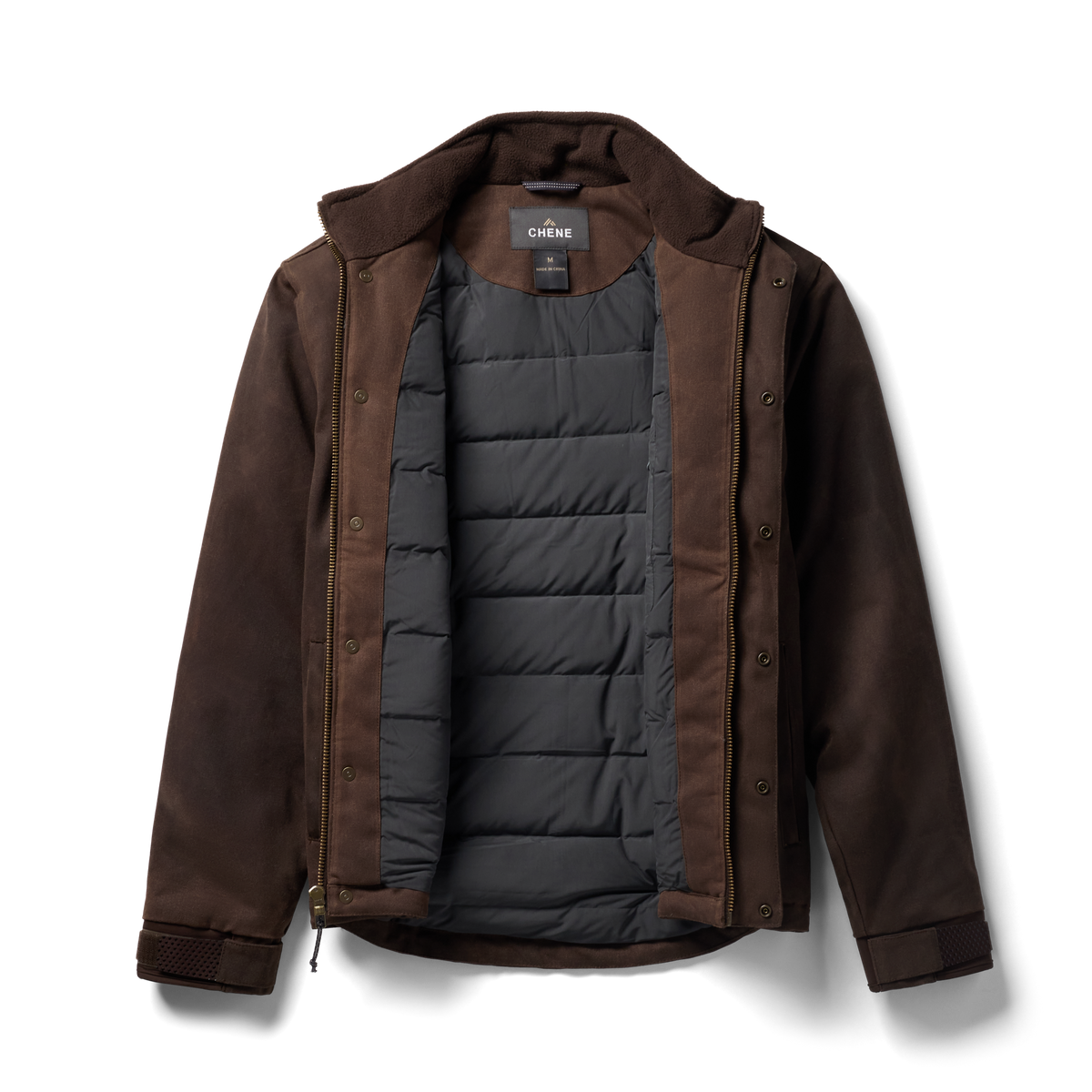 Waxed Canvas Goose Down Jacket in Brown, flat lay #brown