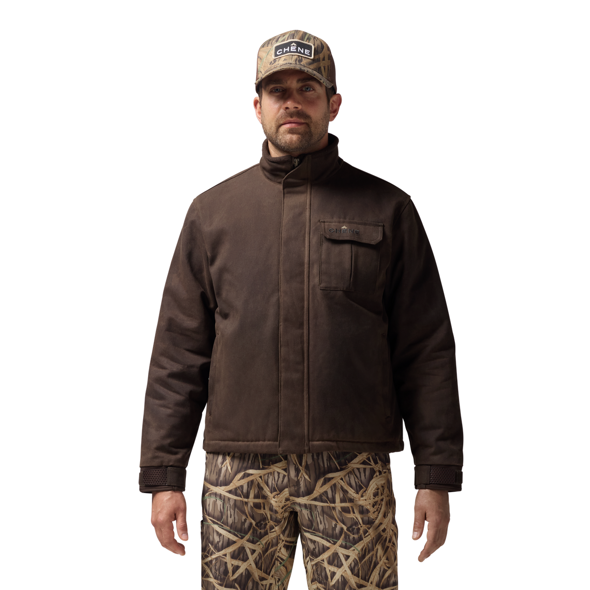 Waxed Canvas Goose Down Jacket in Brown, on model #brown
