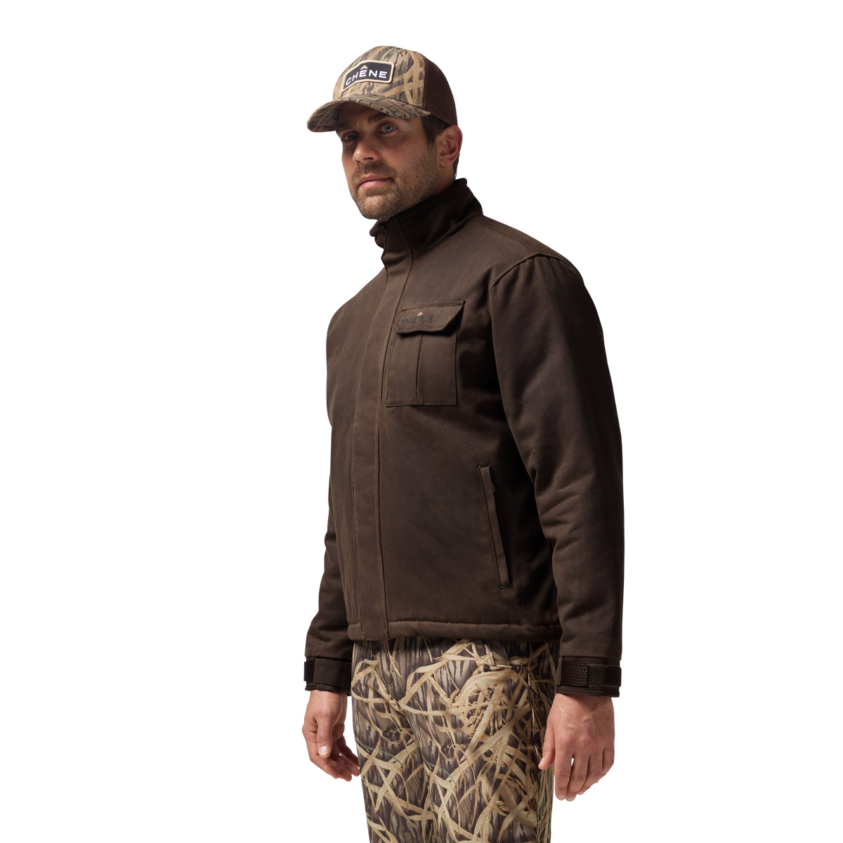 Waxed Canvas Goose Down Jacket in Brown, on model #brown