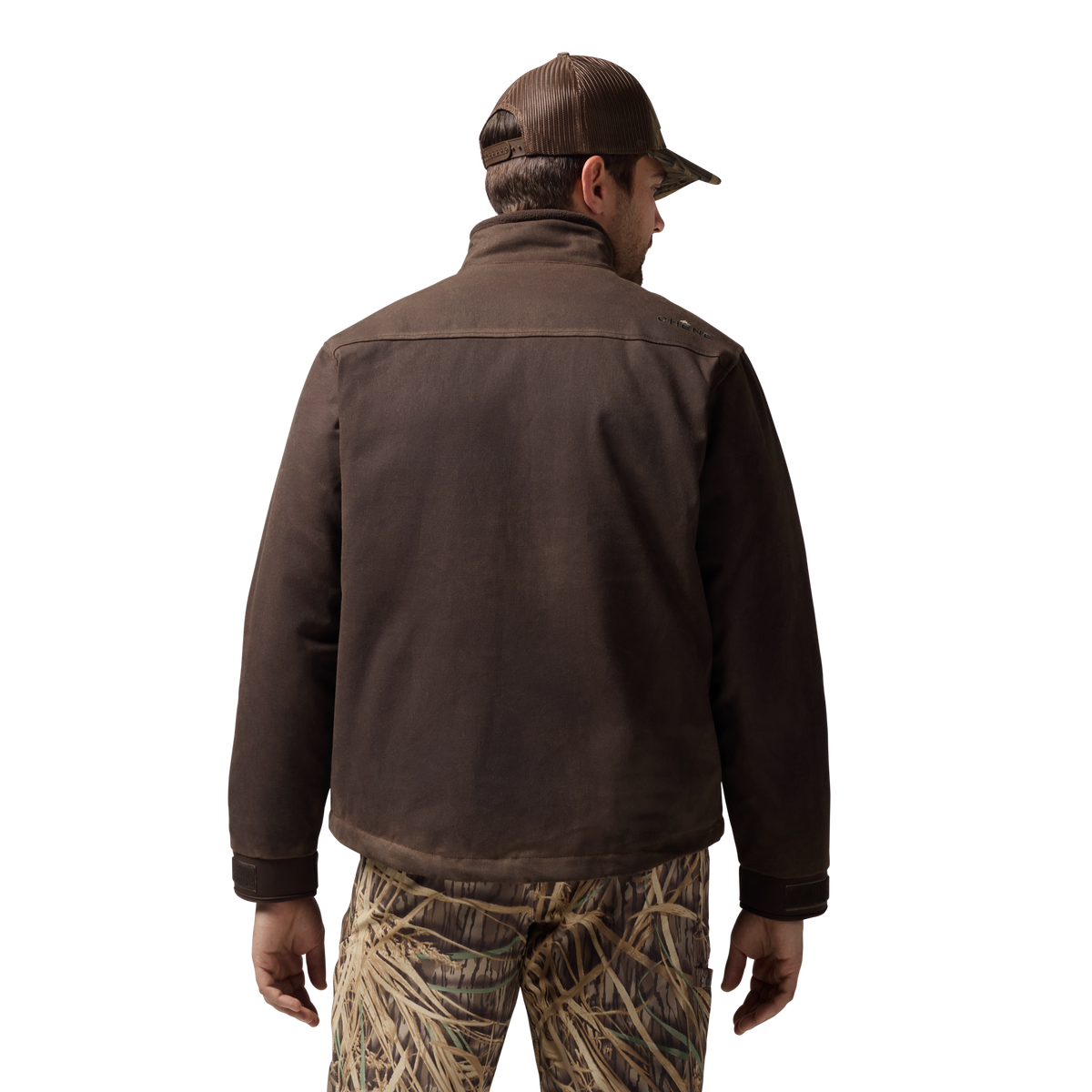 Waxed Canvas Goose Down Jacket in Brown, on model #brown