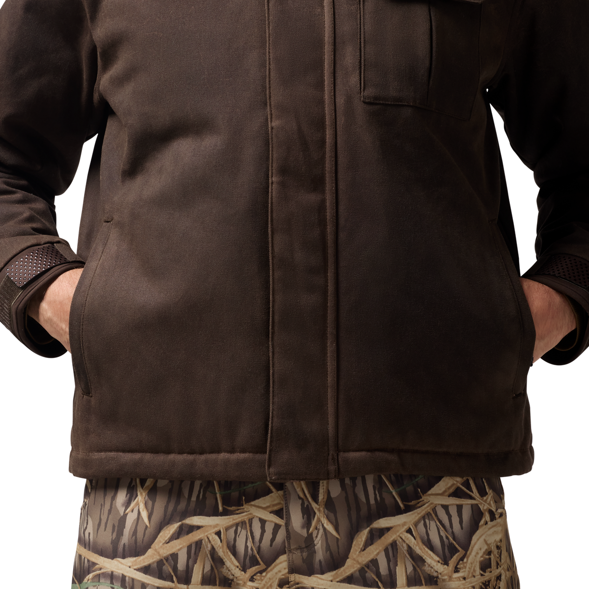 Waxed Canvas Goose Down Jacket in Brown, on model #brown