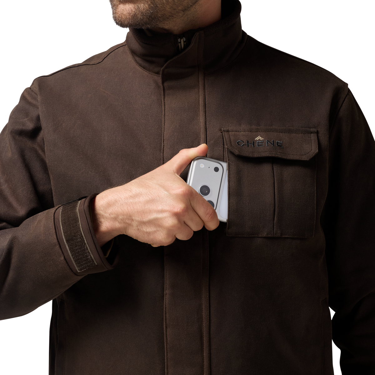 Waxed Canvas Goose Down Jacket in Brown, on model #brown