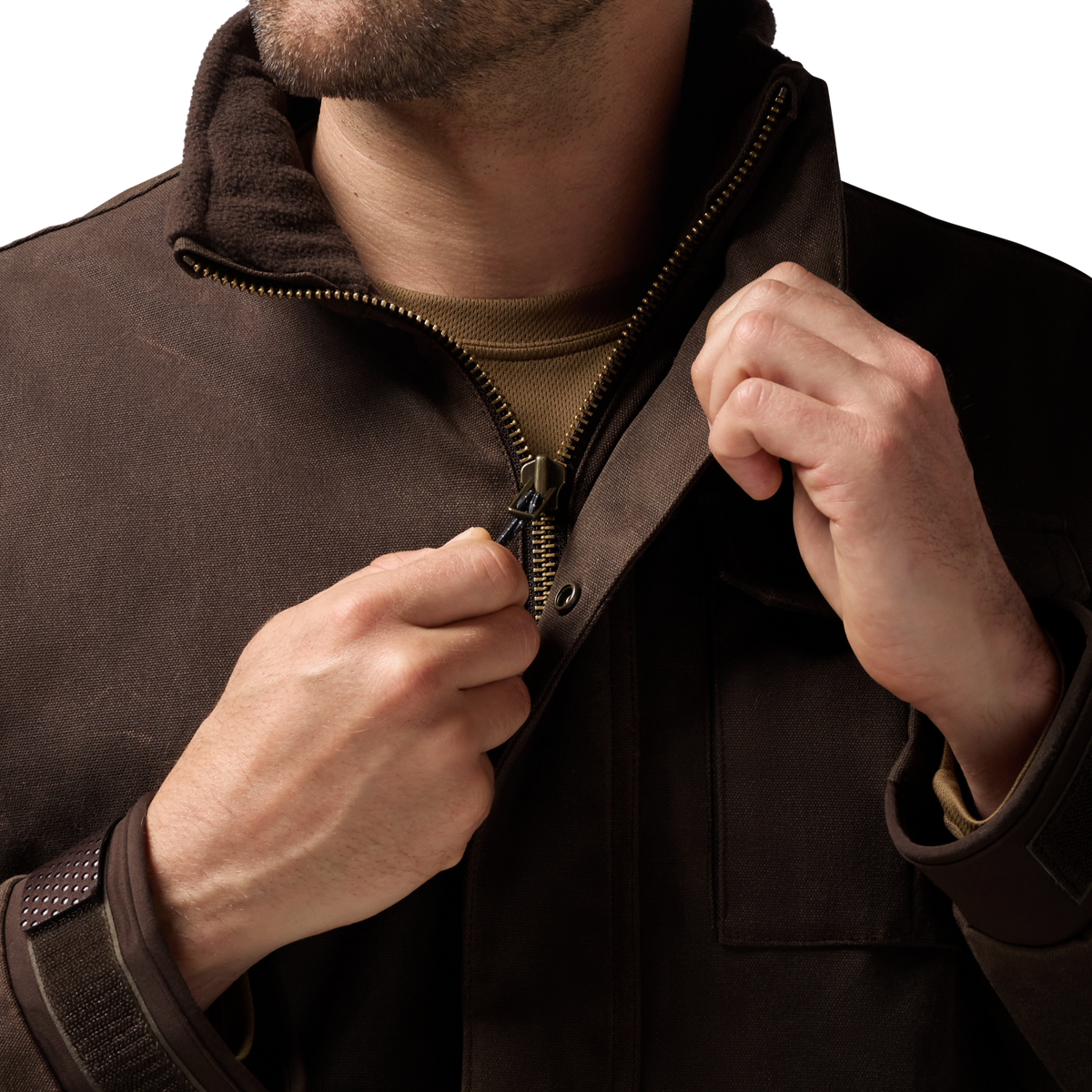 Waxed Canvas Goose Down Jacket in Brown, on model #brown