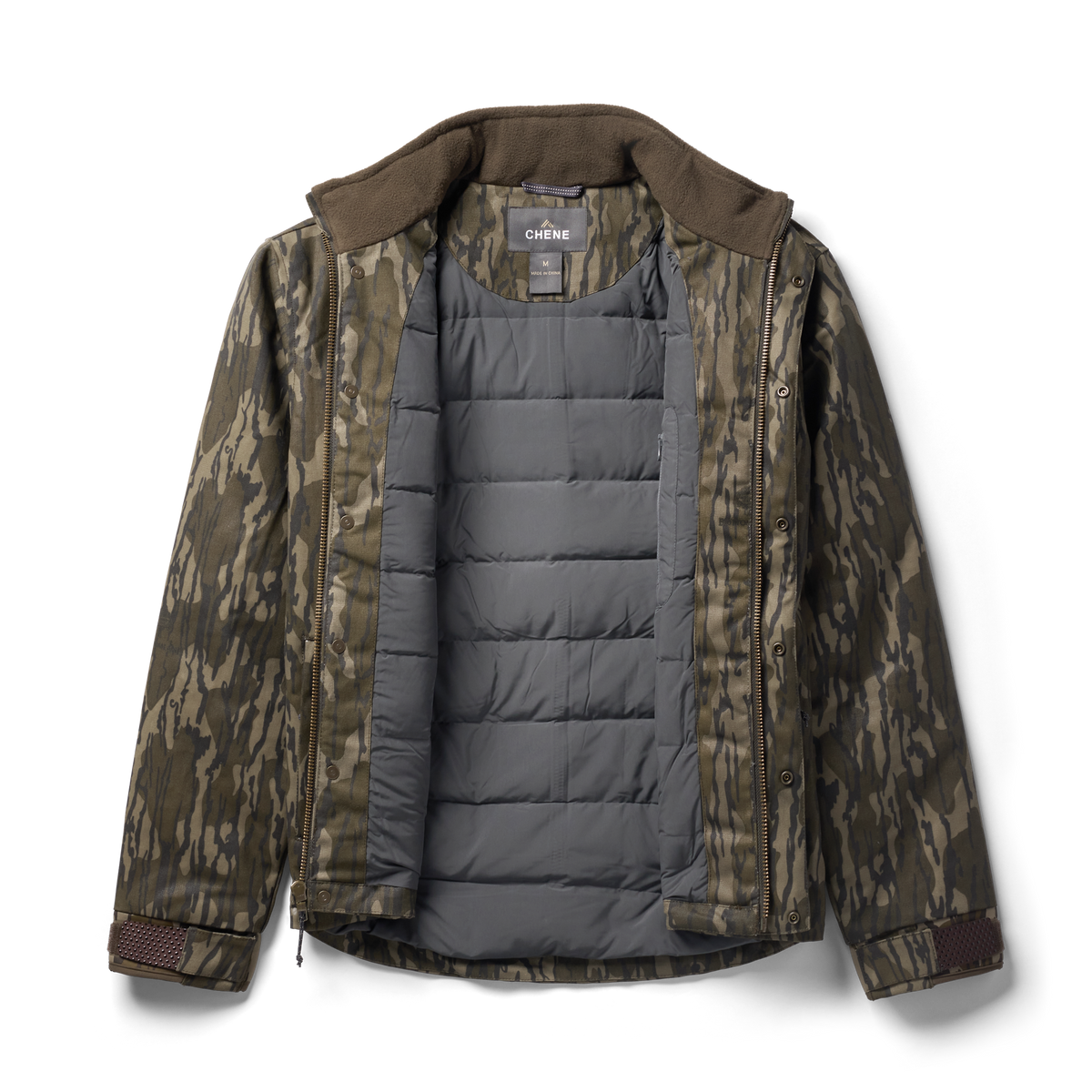 Waxed Canvas Goose Down Jacket in Mossy Oak Original Bottomland, flat lay #mossy_oak_original_bottomland
