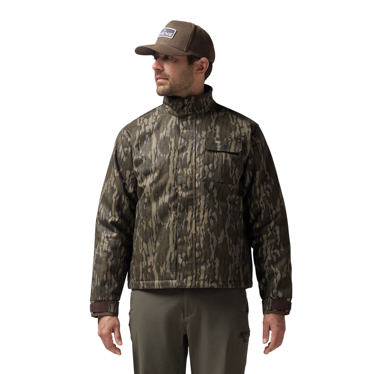Waxed Canvas Goose Down Jacket in Mossy Oak Original Bottomland, on model #mossy_oak_original_bottomland