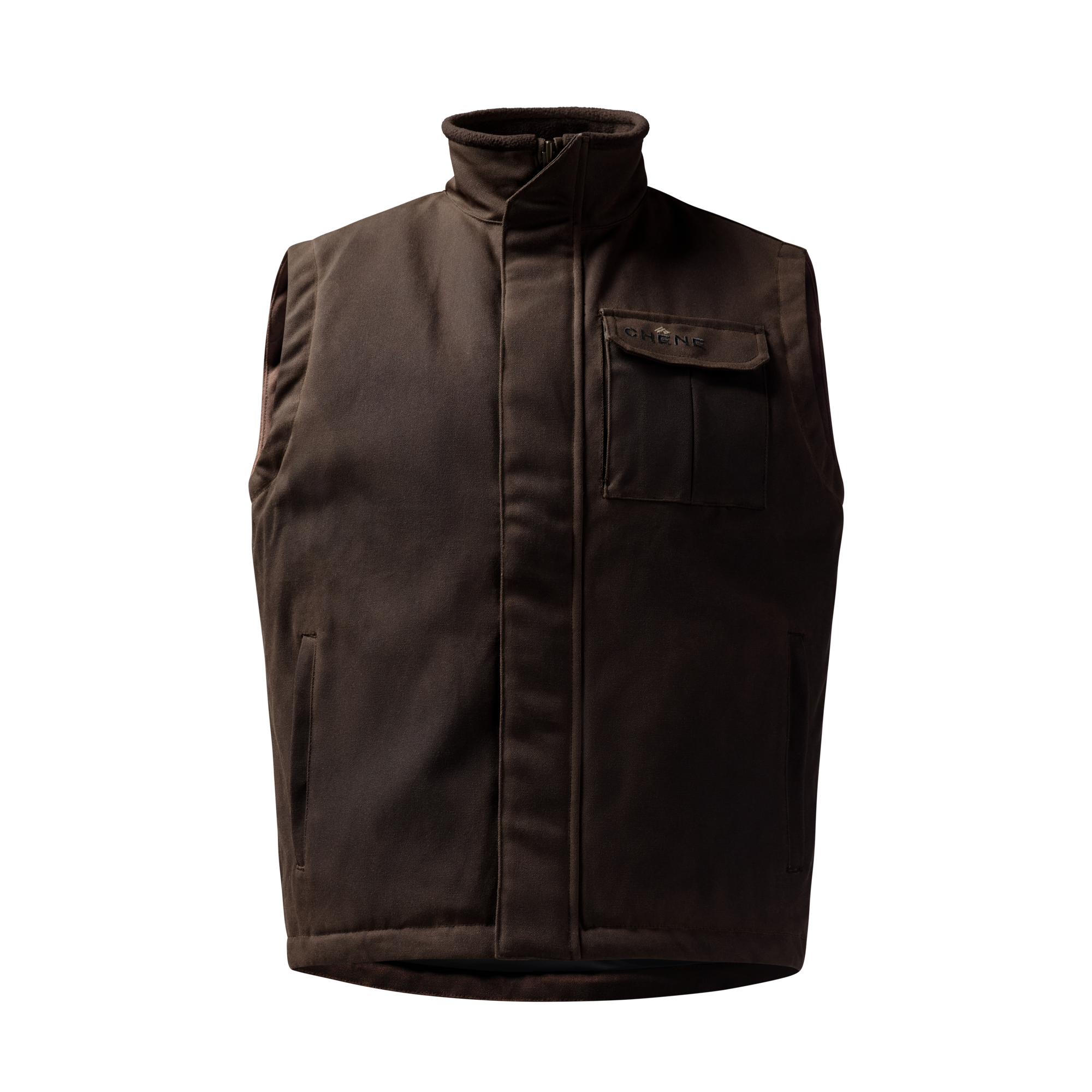 Waxed Canvas Goose Down Vest in Brown, front view #brown