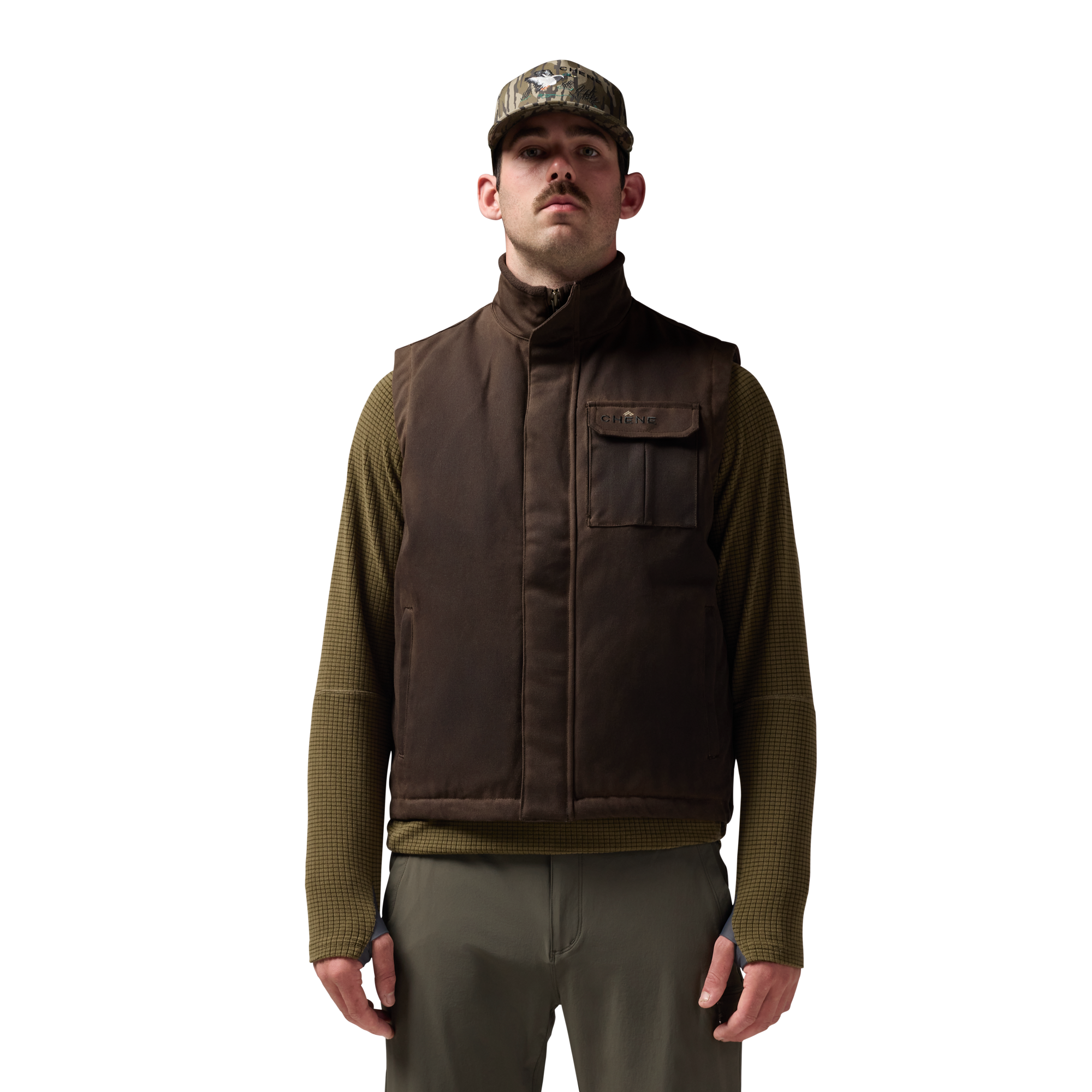 Waxed Canvas Goose Down Vest in Brown, on model #brown