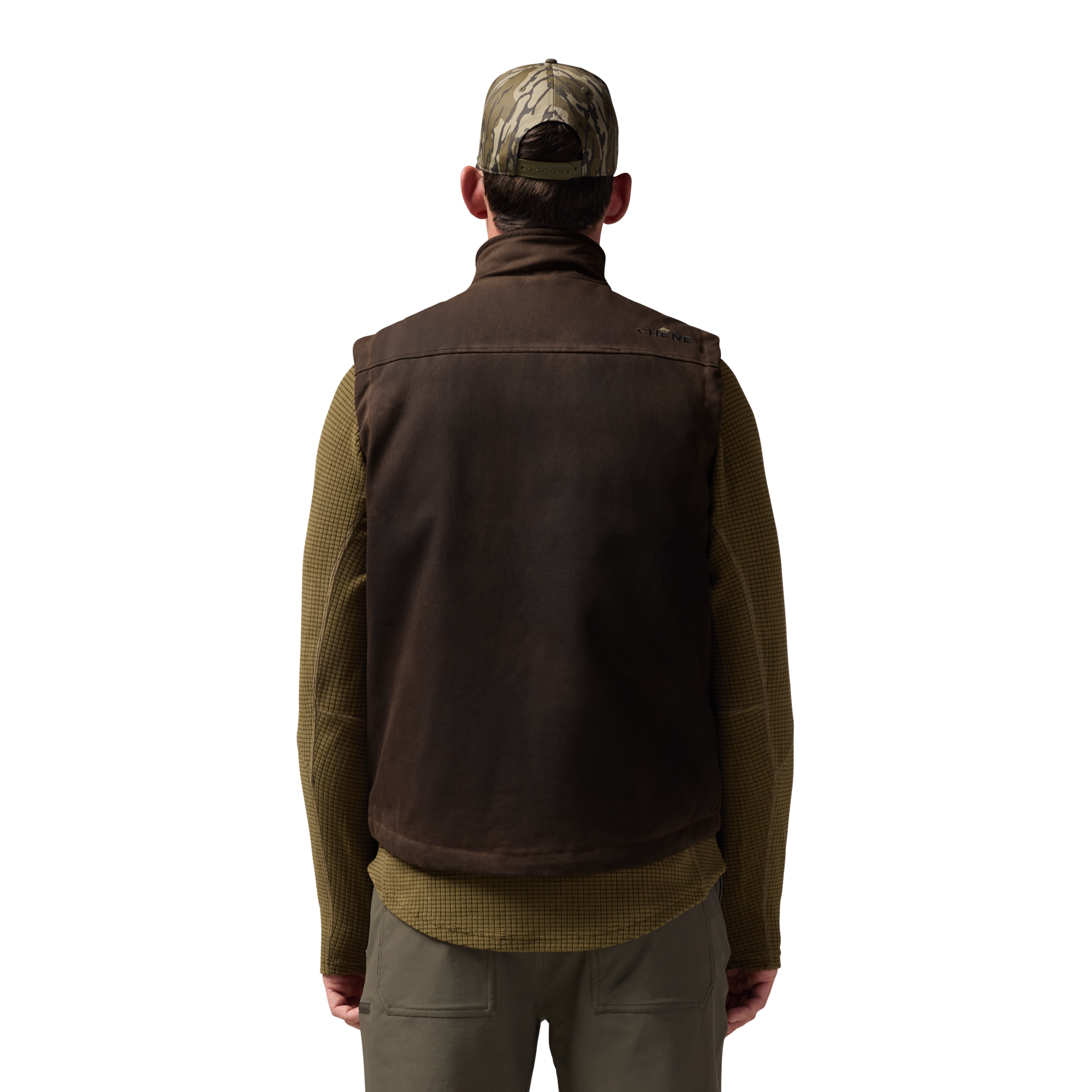 Waxed Canvas Goose Down Vest in Brown, on model #brown