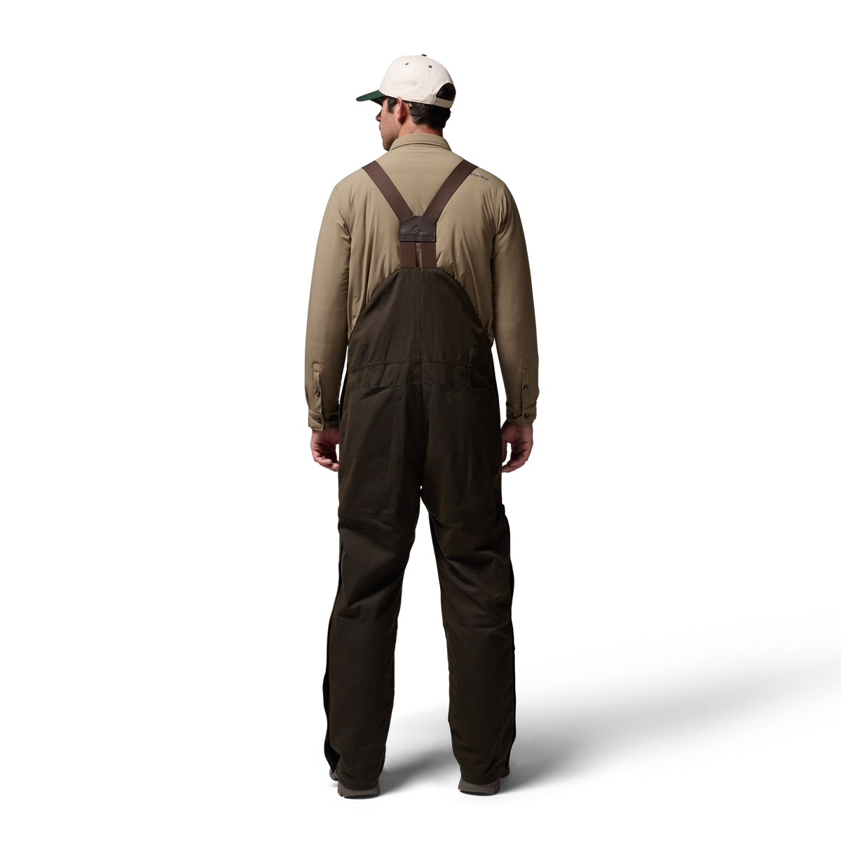 Founders' Reserve Waxed Bib in Dark Olive, on model #dark_olive