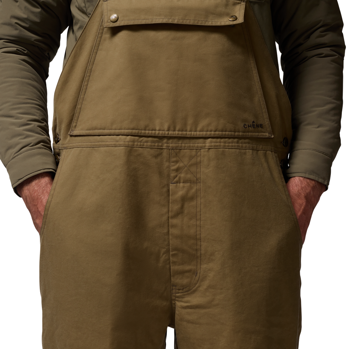Founders' Reserve Waxed Bib in Field Khaki, on model #field_khaki