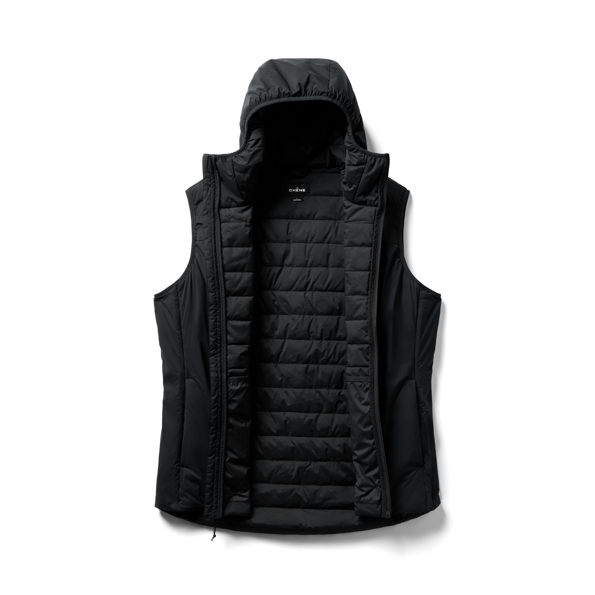 Flyweigh Hooded Vest in Black, flat lay #black