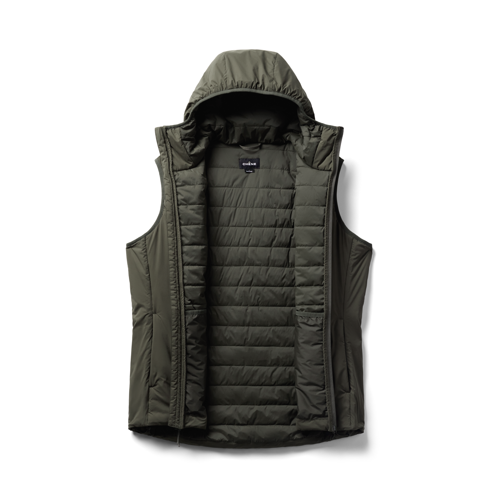 Flyweigh Hooded Vest in Cypress, flat lay #cypress