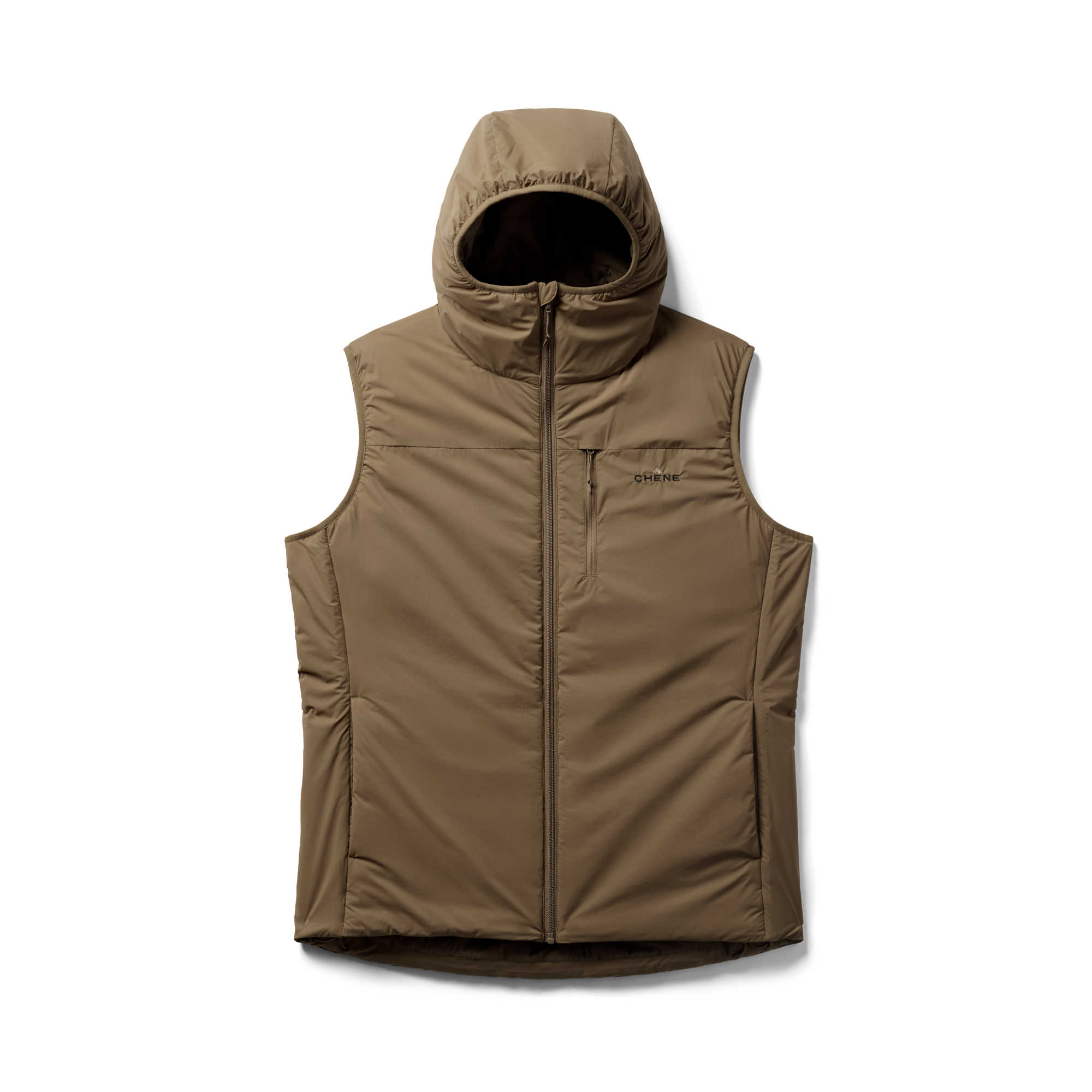 Flyweigh Hooded Vest in Field Khaki, flat lay #field_khaki