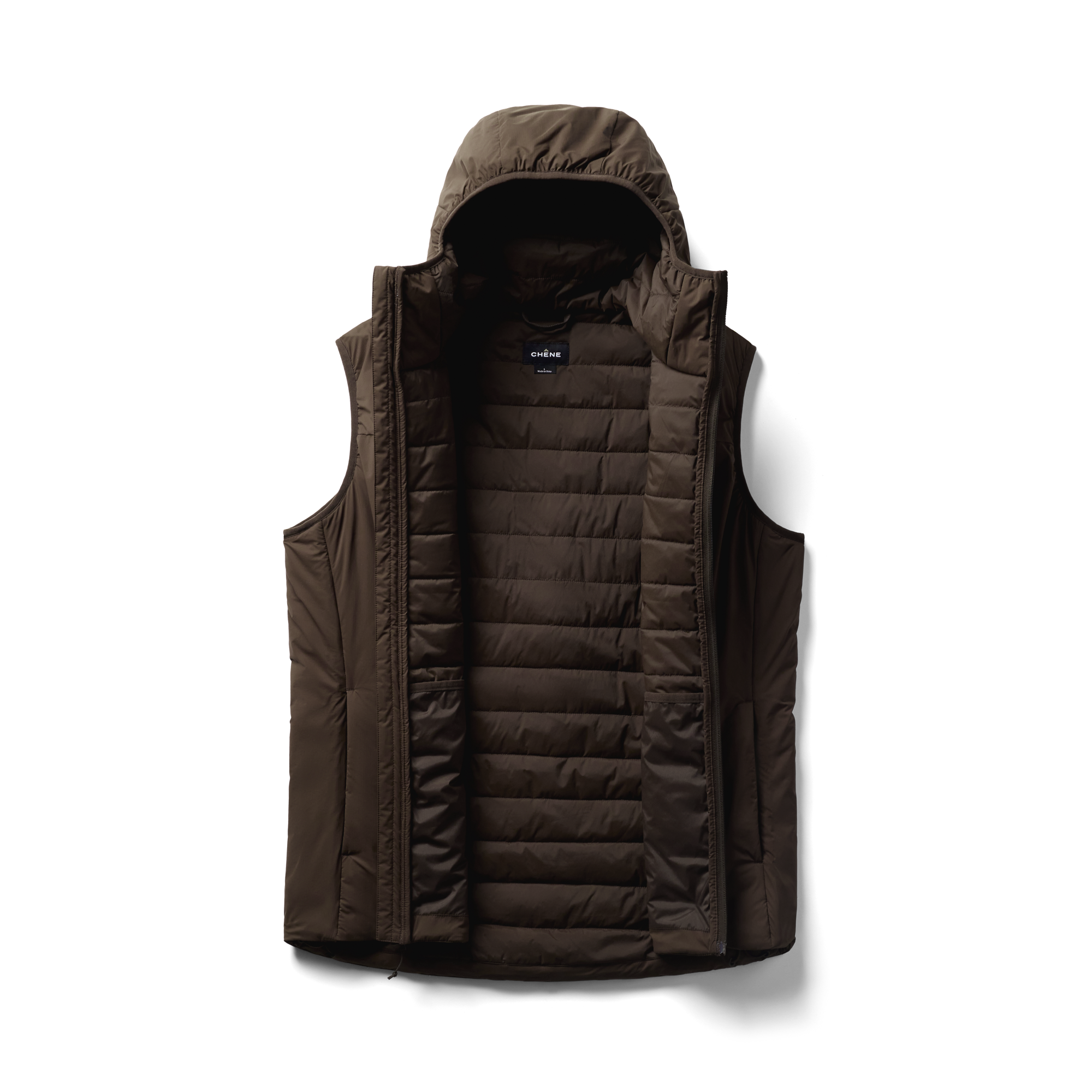 Flyweigh Hooded Vest in Mud, flat lay #mud