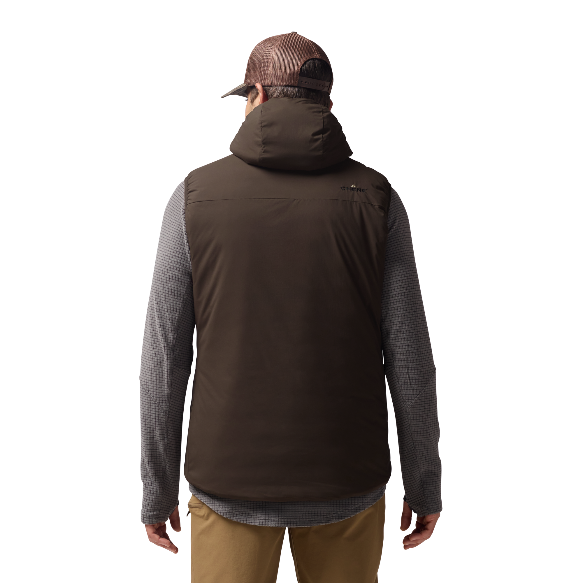 Flyweigh Hooded Vest in Mud, on model #mud