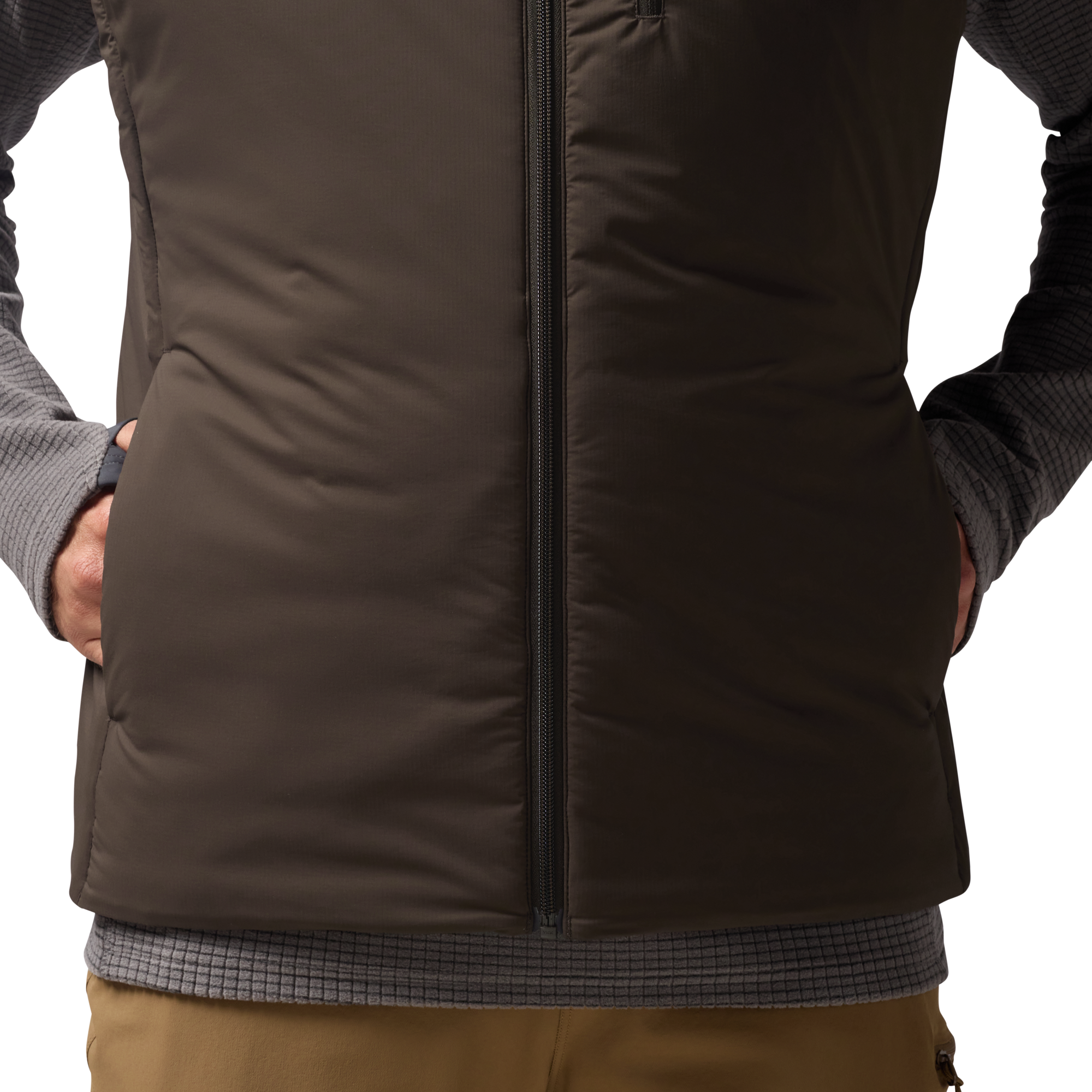 Flyweigh Hooded Vest in Mud, on model #mud