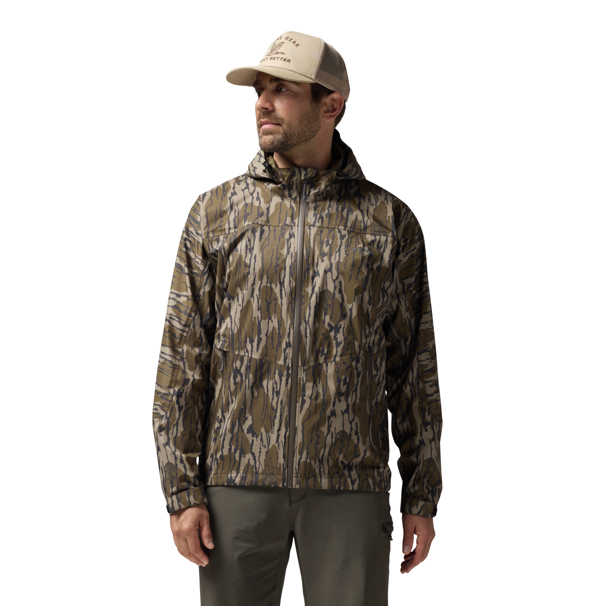 Hydro-Lok Velo Rain Jacket in Mossy Oak Original Bottomland, on model #mossy_oak_original_bottomland